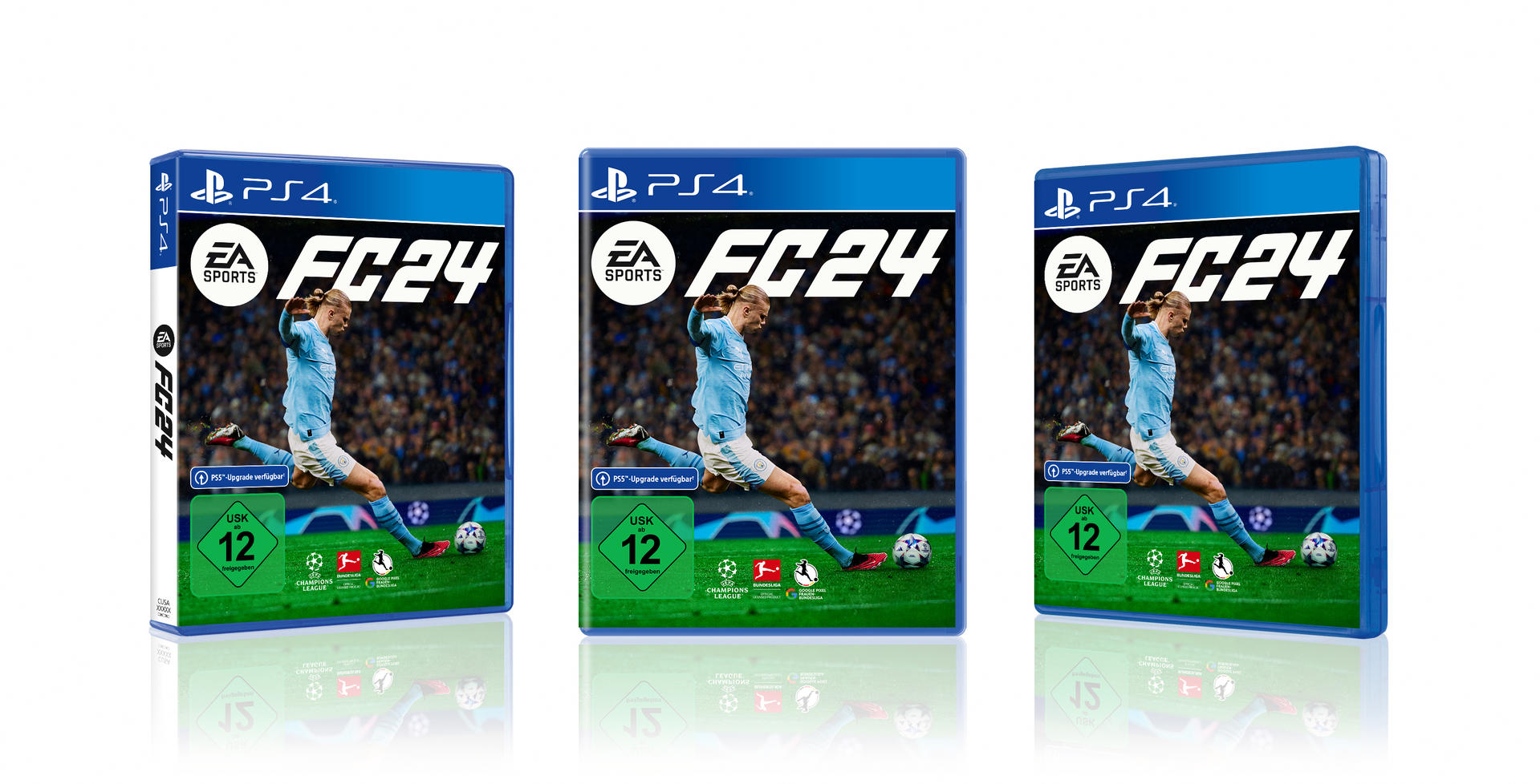 Drei PS4-Spielhüllen für FC24. Jede hat einen Spieler auf dem Cover, blaues Gehäuse und grüner Hintergrund.