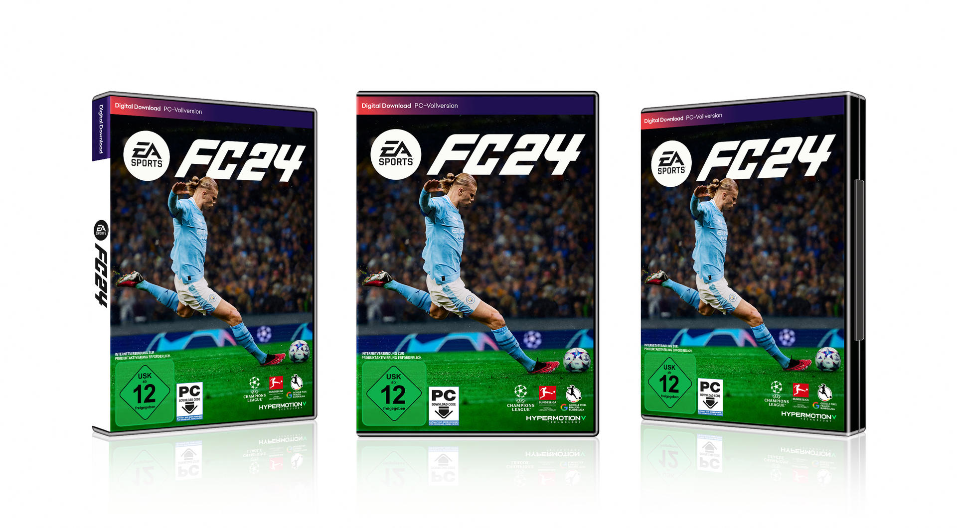 Drei FC24-Spielboxen. Jede zeigt einen Fußballspieler beim Schießen, das Logo und Etiketten.