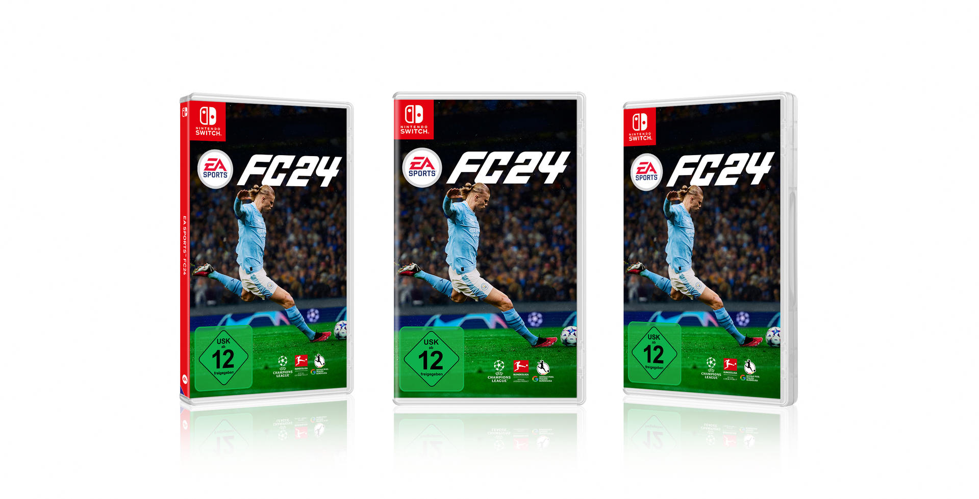 Drei Spielboxen für FC24. Jede zeigt eine Frau, die einen Ball tritt. Das Switch-Logo ist oben links.