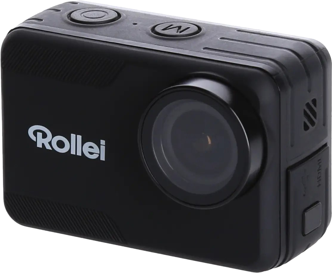 Egy fekete Rollei akciókamera. Objektívvel, gombokkal a tetején és portokkal az oldalán. A Rollei logója elöl található.