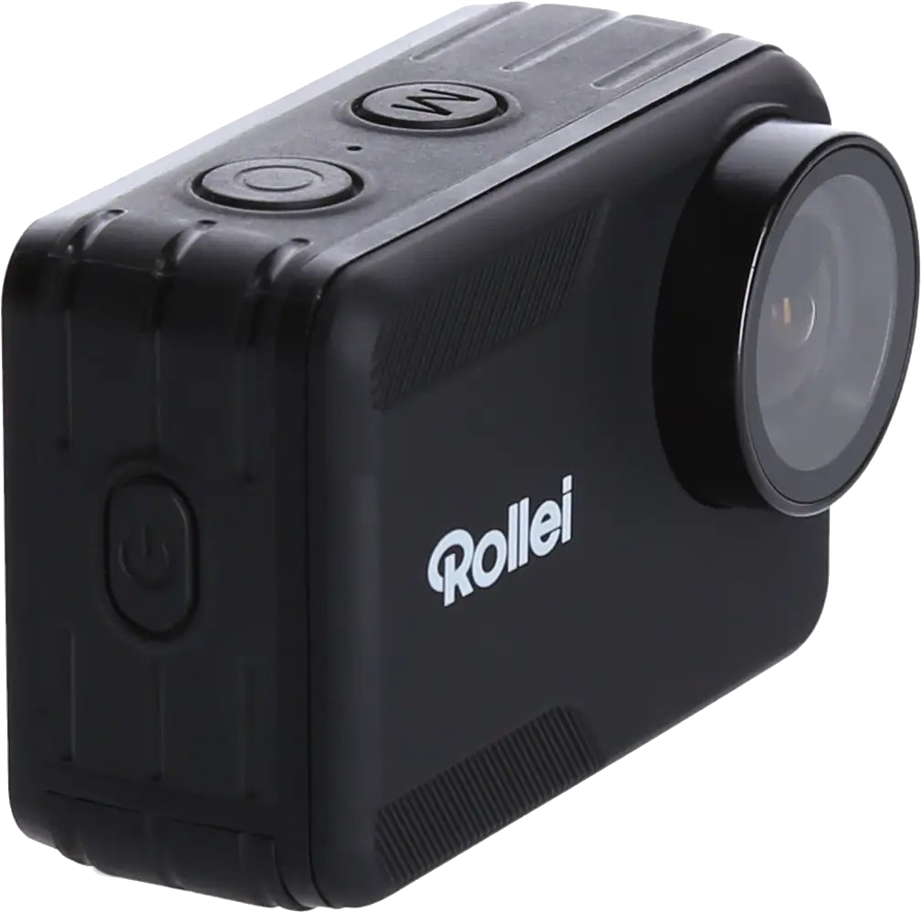 Egy fekete Rollei akciókamera. Felül gombok, oldalt lencse van. A Rollei logó a kamera oldalán található.