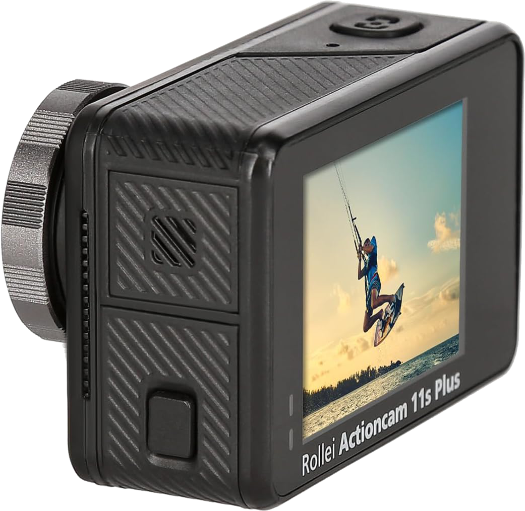 Fekete akciókamera, képernyőjén kiteszörfös látható. A kamerán tárcsa és gombok vannak. Szöveg: Rollei Actioncam 11s Plus.