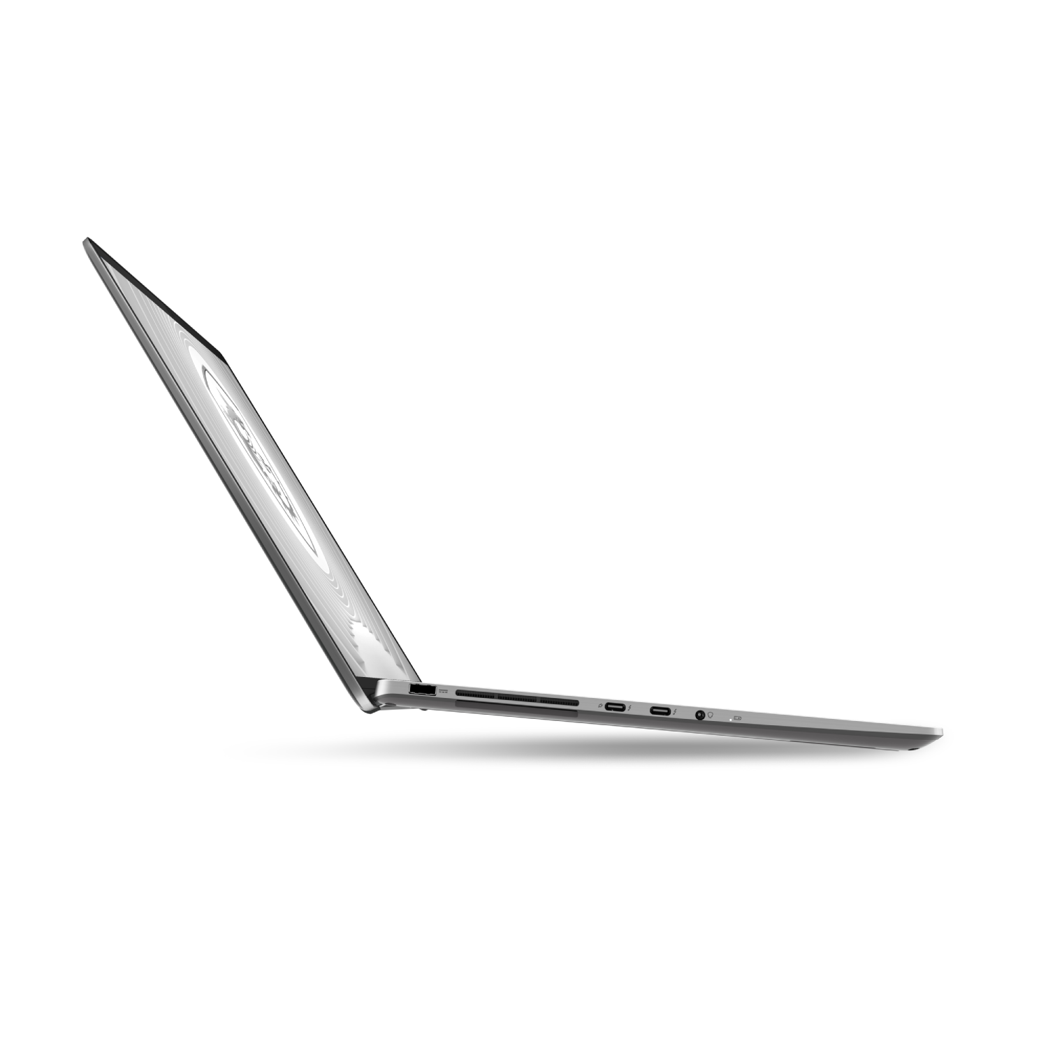 Una computadora portátil plateada está abierta, mostrando su perfil lateral. La pantalla es visible y la computadora portátil está sobre un fondo blanco.