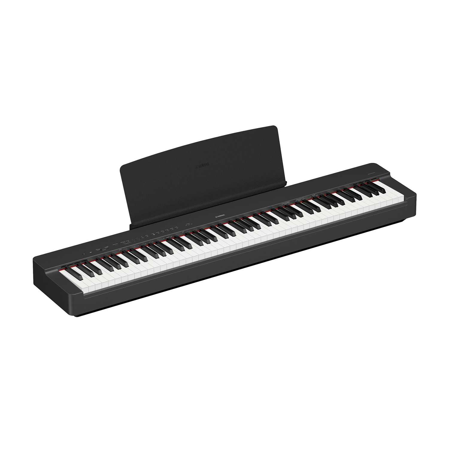 Pianoforte digitale nero con tasti bianchi e leggio. Il pianoforte è su sfondo bianco.