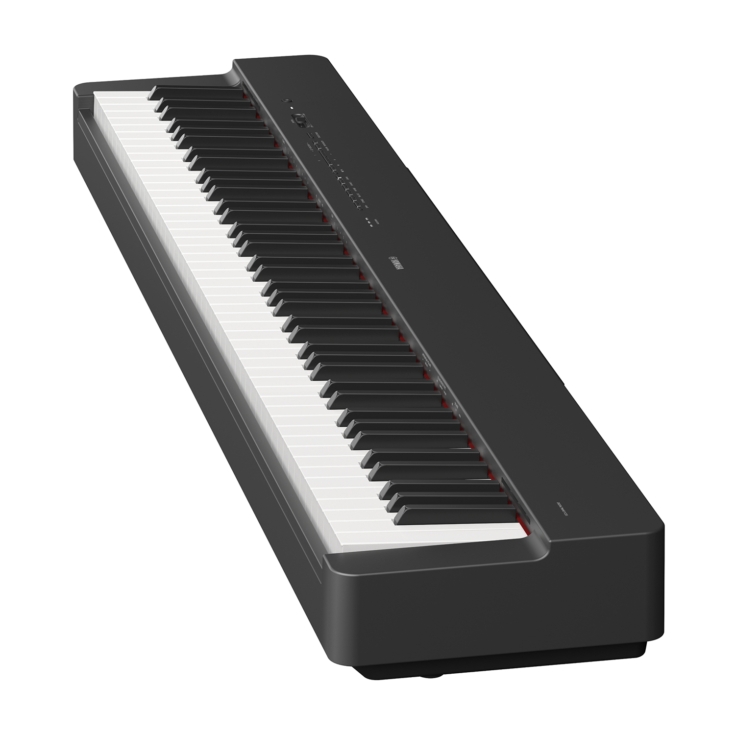 Un pianoforte digitale nero con molti tasti bianchi e neri. Il logo Yamaha è in alto a destra.