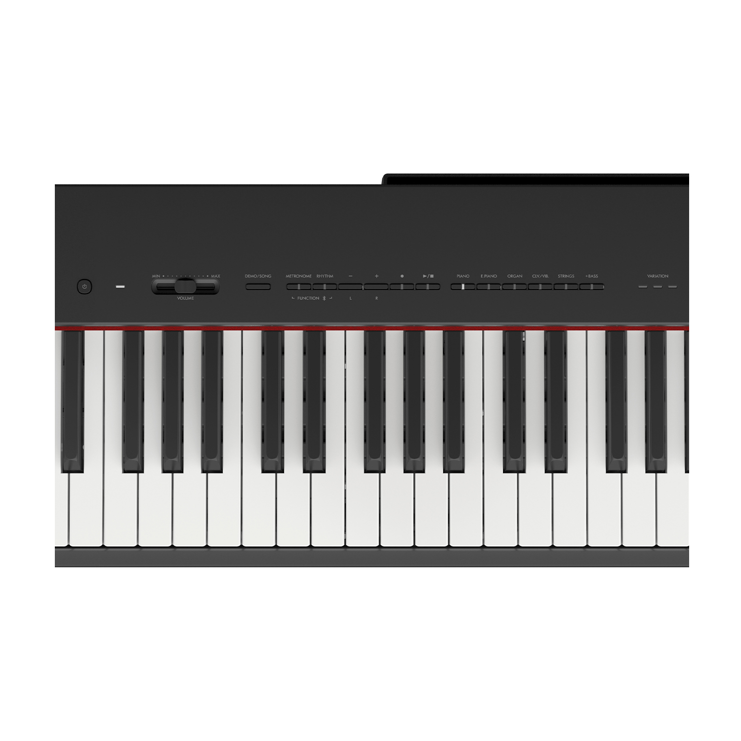 Tastiera per pianoforte digitale nera con accenti rossi, tasti, pulsanti e sfondo bianco.