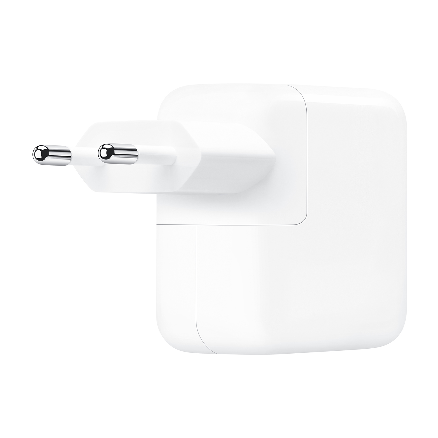 Caricatore bianco Apple, spina europea. Logo Apple visibile. Sfondo bianco.