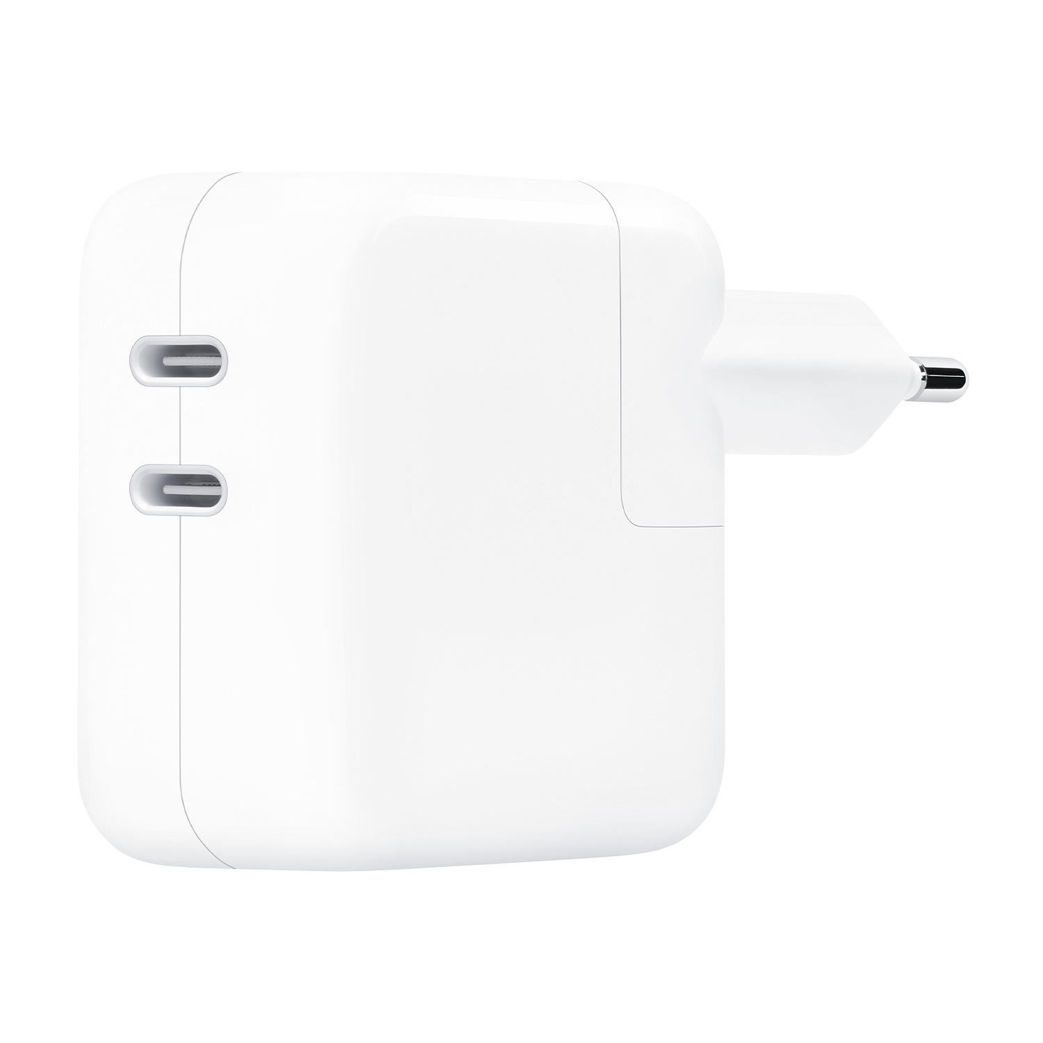Adattatore di alimentazione bianco con due porte USB-C e spina europea.
