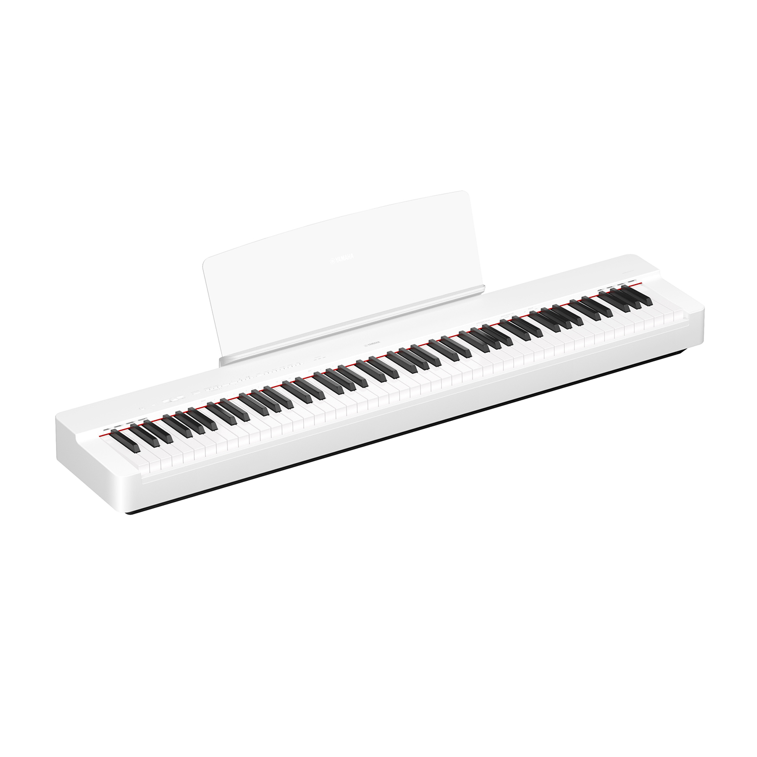 Un pianoforte elettrico bianco con tasti bianchi e neri e un leggio.