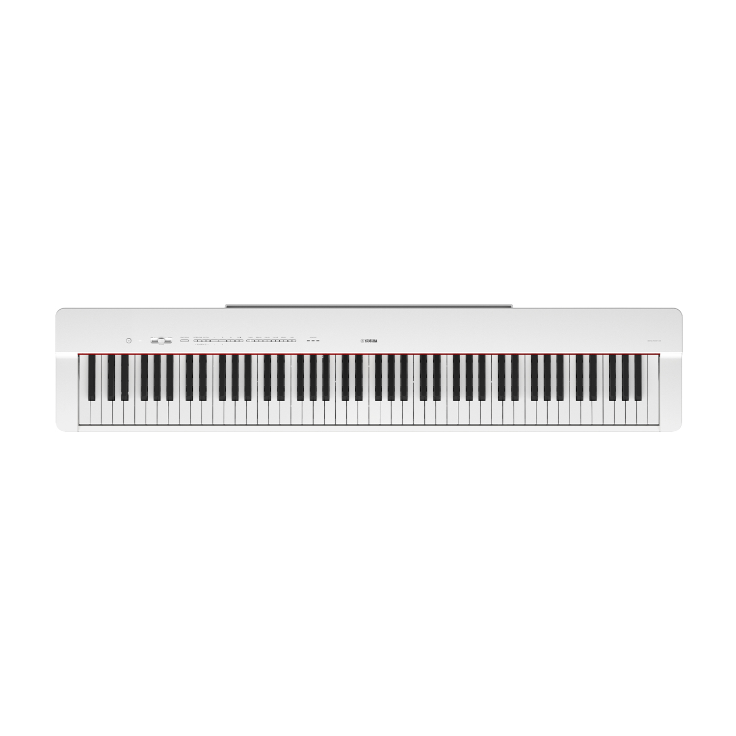 Un pianoforte Yamaha bianco. Il pianoforte ha una lunga tastiera con tasti bianchi e neri.