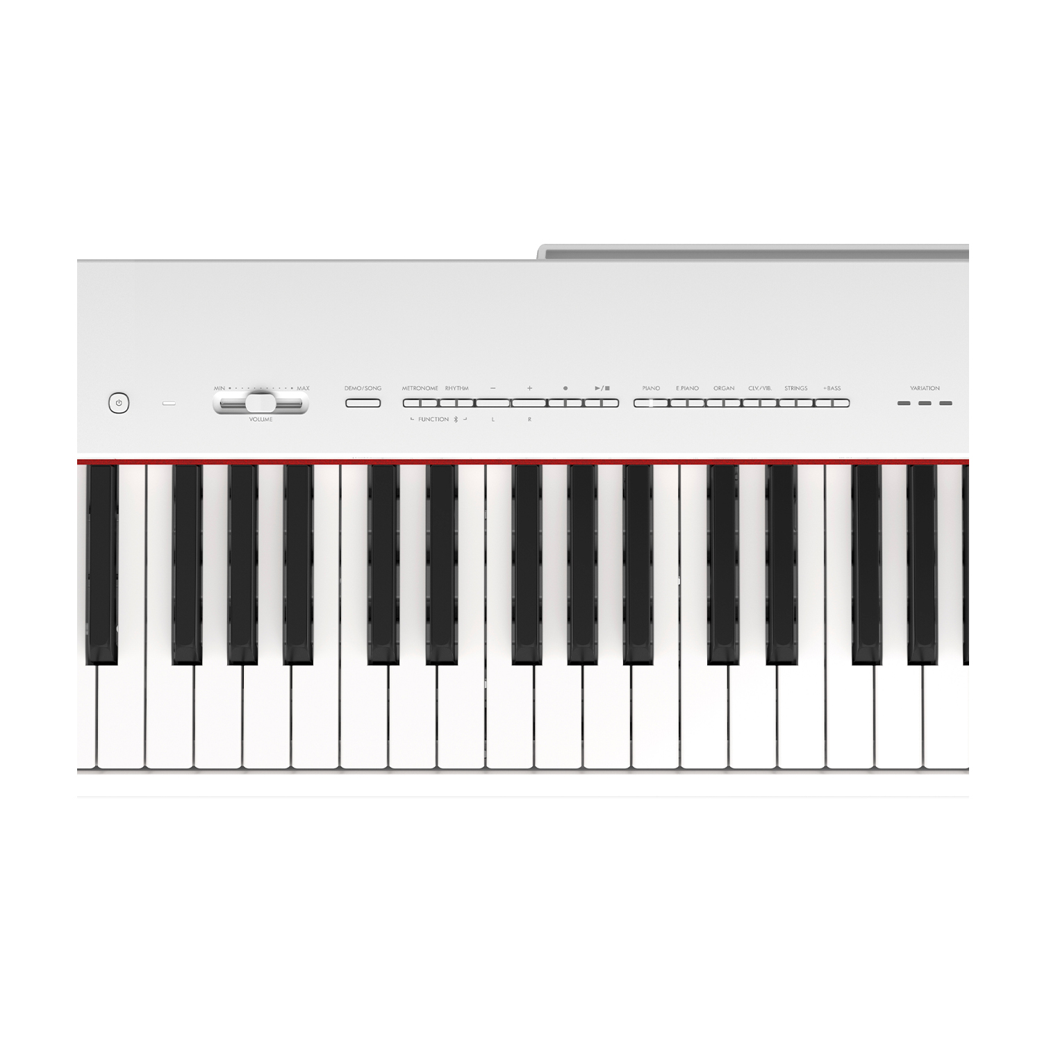 Tastiera di pianoforte bianca con tasti bianchi e neri, linea rossa sopra i tasti, pulsanti di controllo sopra.
