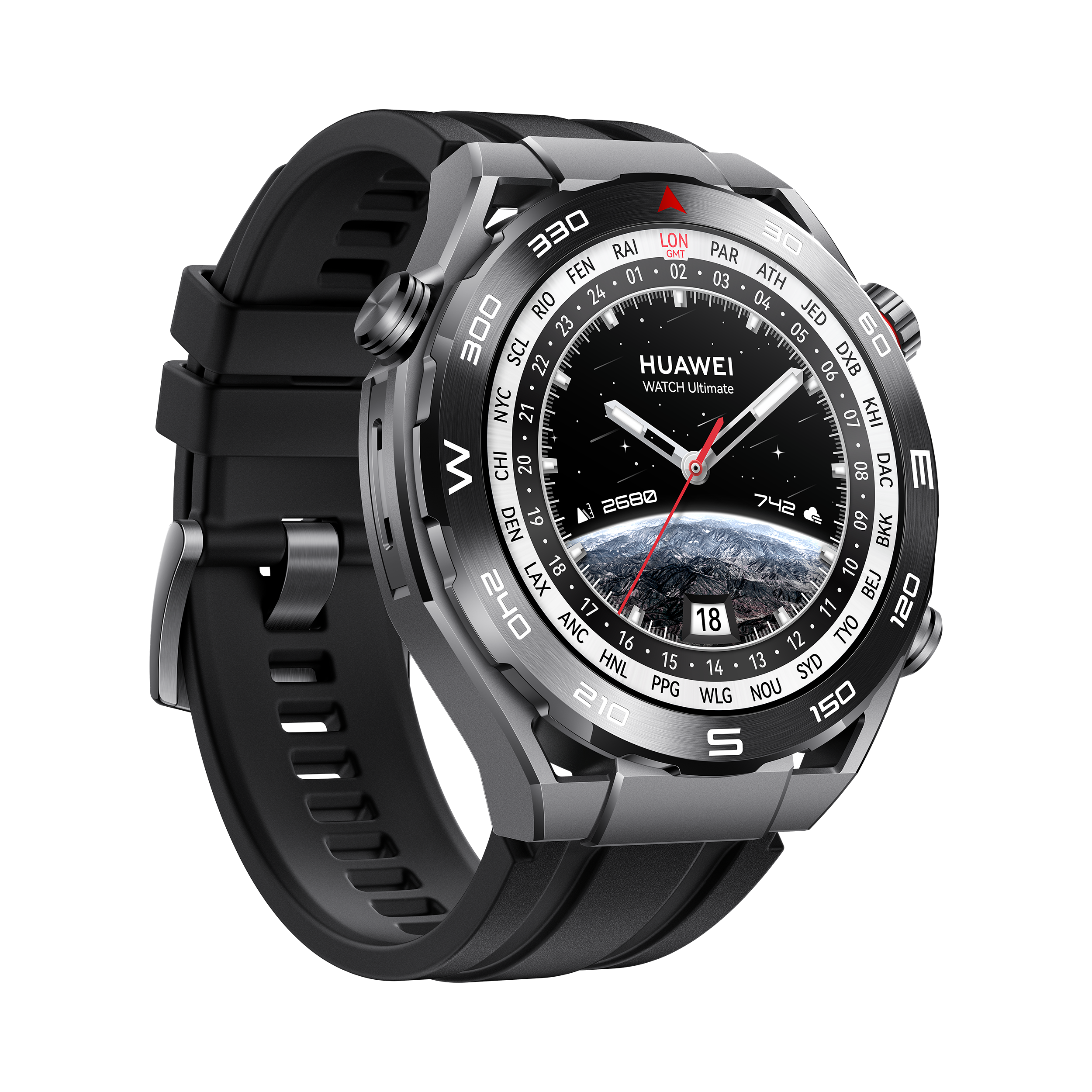 Egy fekete-ezüst Huawei Watch Ultimate okosóra. Megjeleníti az időt és a Föld képét.