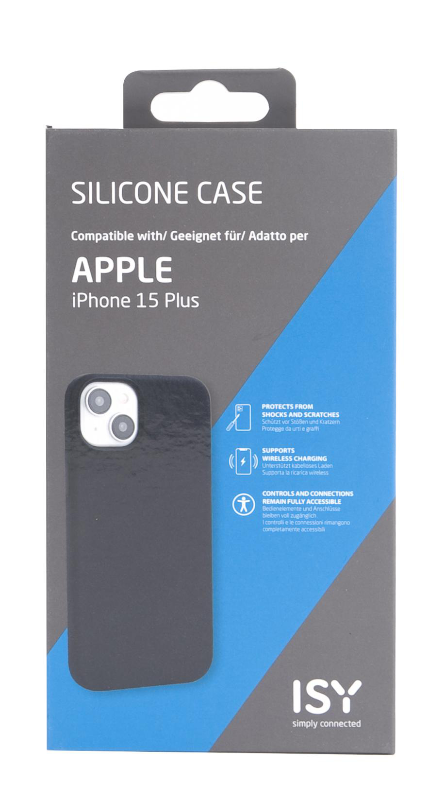 iPhone 15 Plus Silikonhülle, schwarz, in einer Box, mit Funktionsbeschreibung, weißer Hintergrund.