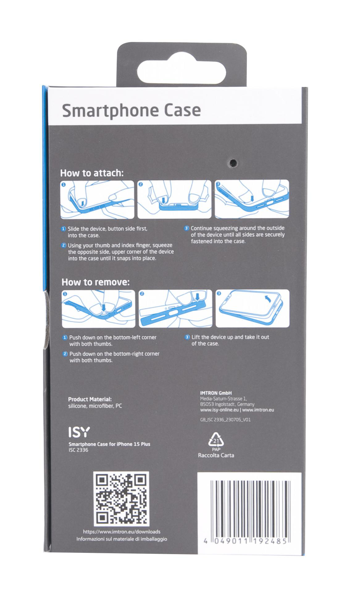 Smartphone-Hüllenverpackung mit Anweisungen und Produktdetails.