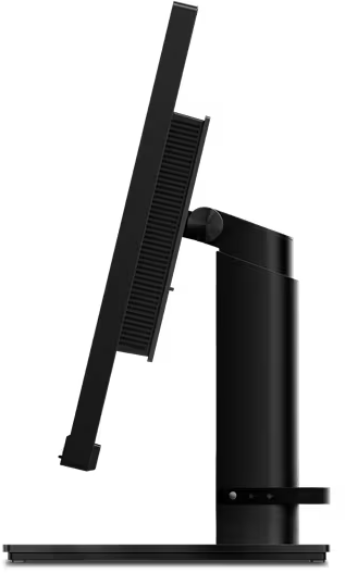 Schwarzer Computermonitor von der Seite. Zeigt den Bildschirm und den Ständer.