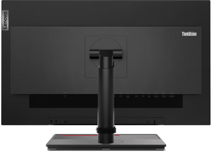 Rückansicht eines schwarzen Computermonitors. Das Lenovo-Logo ist sichtbar. Der Monitor hat einen Ständer und mehrere Eingangsanschlüsse.