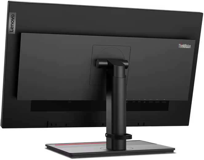 Schwarze Lenovo-Monitor-Rückansicht. Ständer, Anschlüsse und ThinkVision-Logo sichtbar. Schwarzer Hintergrund.