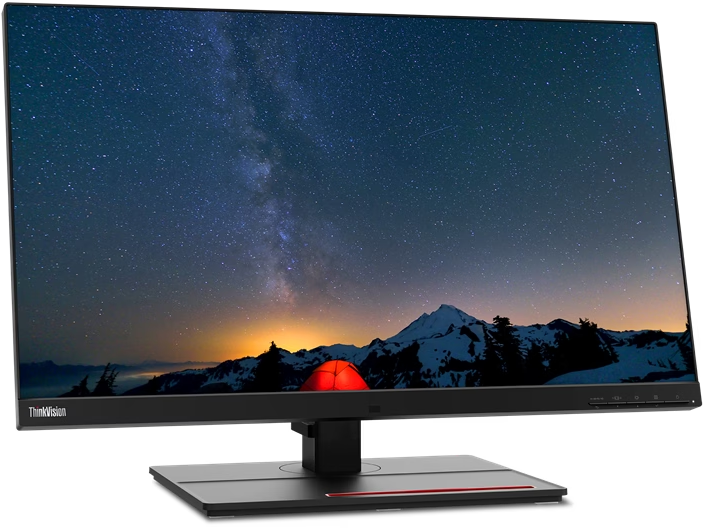 Lenovo ThinkVision Monitor mit Sternennachtszene über einem Gebirge.