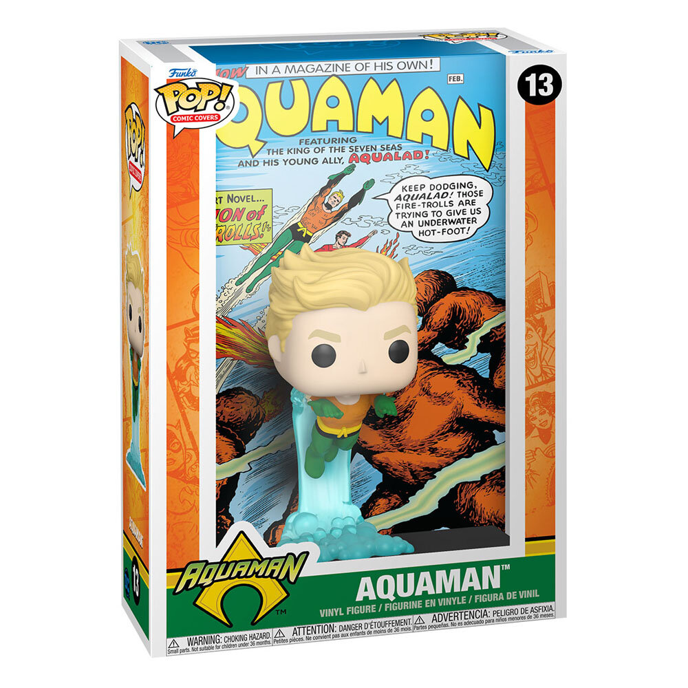 Figurka Aquaman Funko Pop w pudełku w stylu komiksowym. Przedstawia Aquamana ze blond włosami i komiksowym tłem.