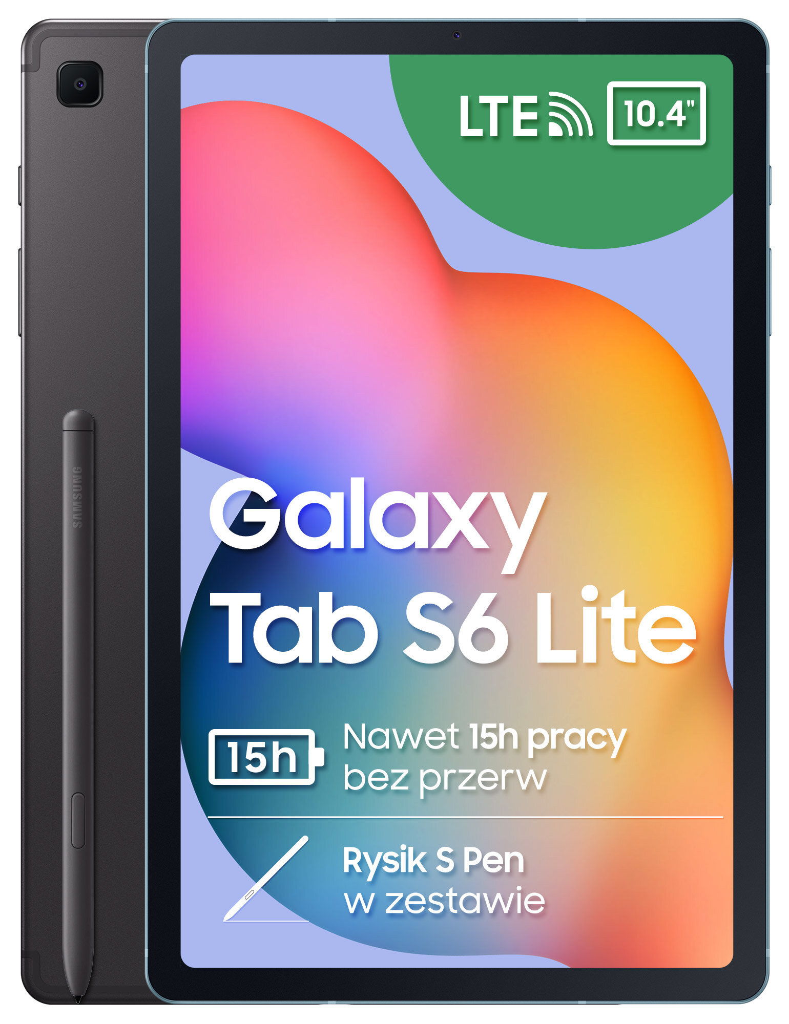 Szary tablet Samsung Galaxy Tab S6 Lite z rysikiem, pokazujący jego ekran.