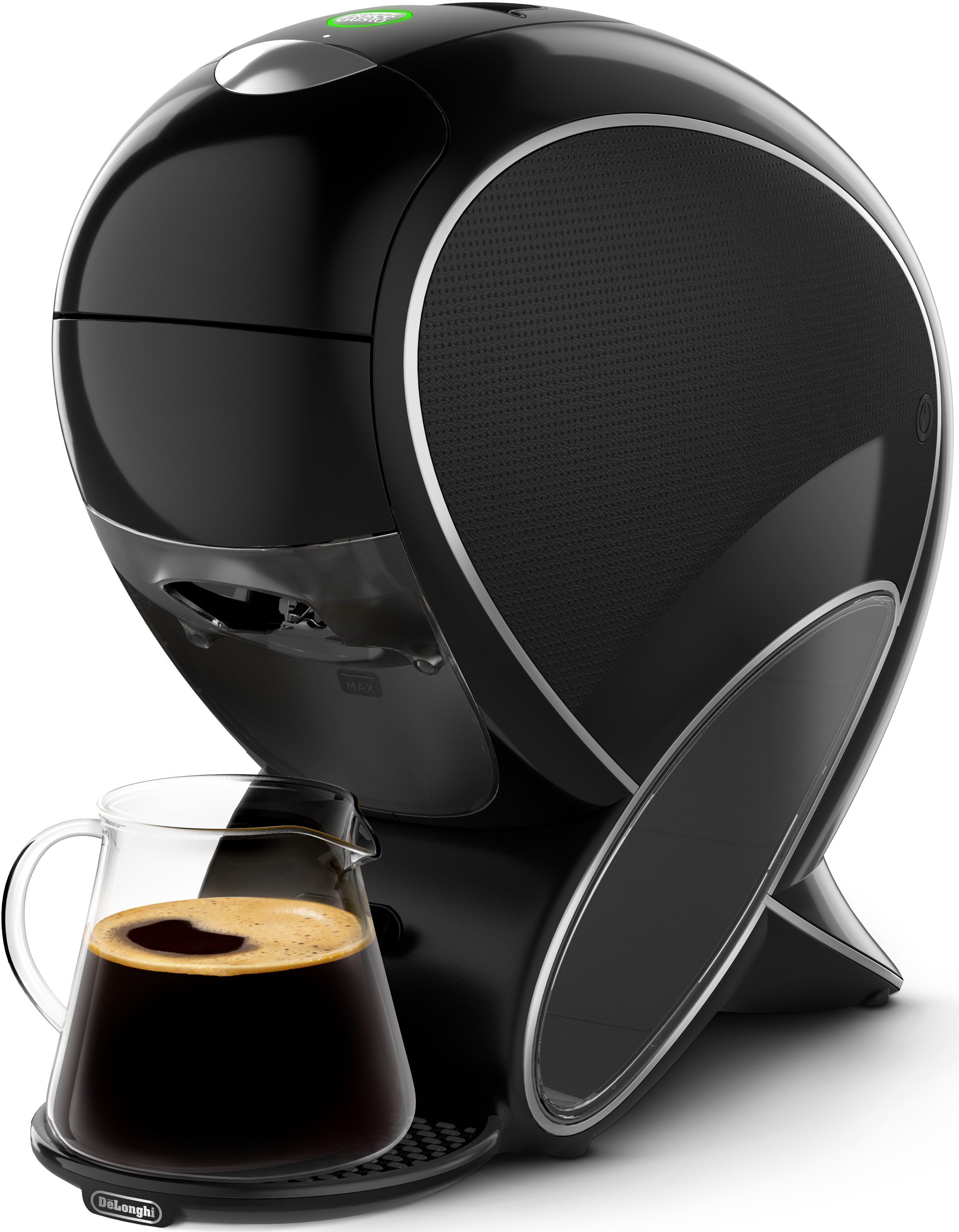 Schwarze Kaffeemaschine mit Glaskaraffe. Dunkler Kaffee in der Karaffe.
