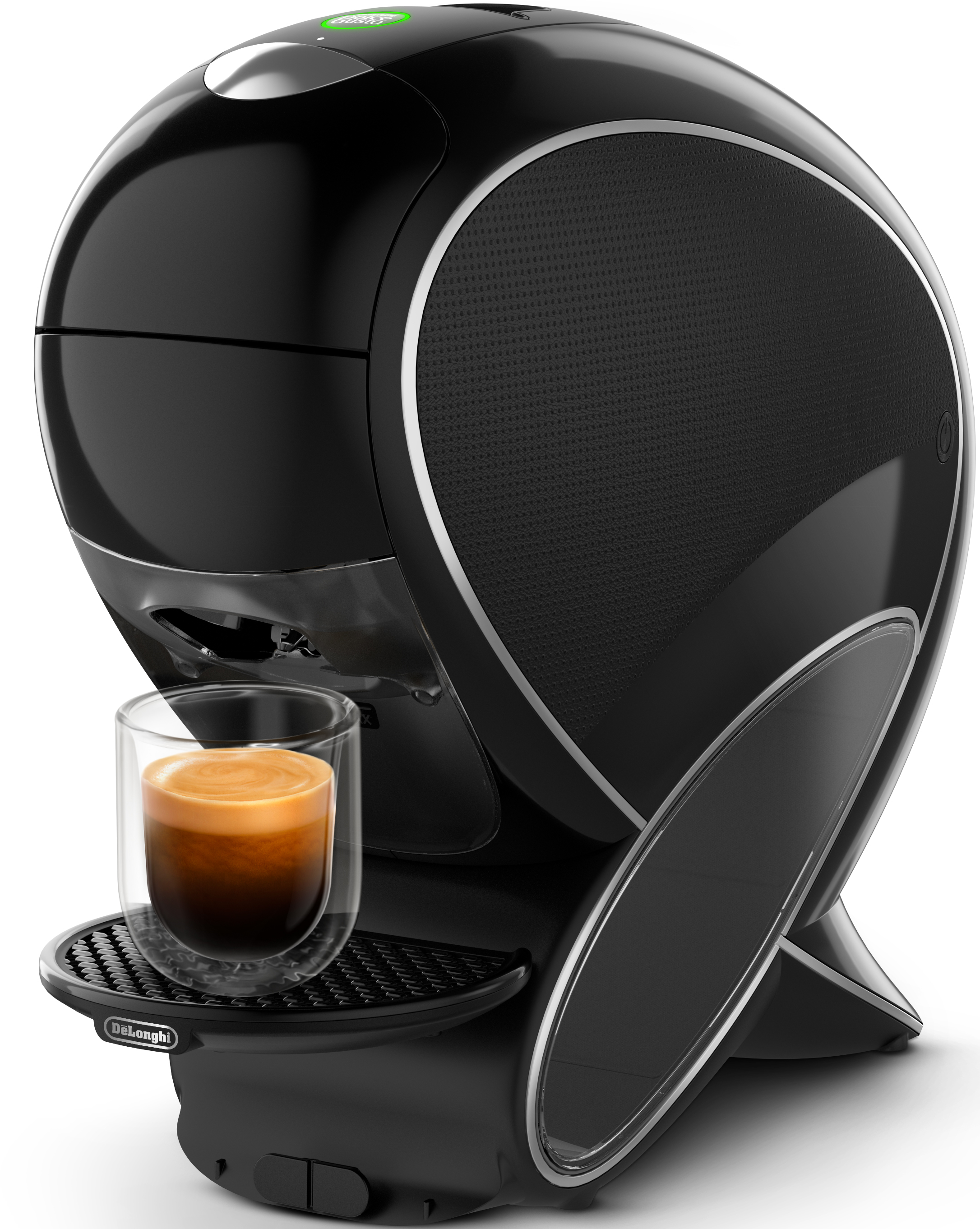 Schwarze DeLonghi Kaffeemaschine mit einem Glas Kaffee.