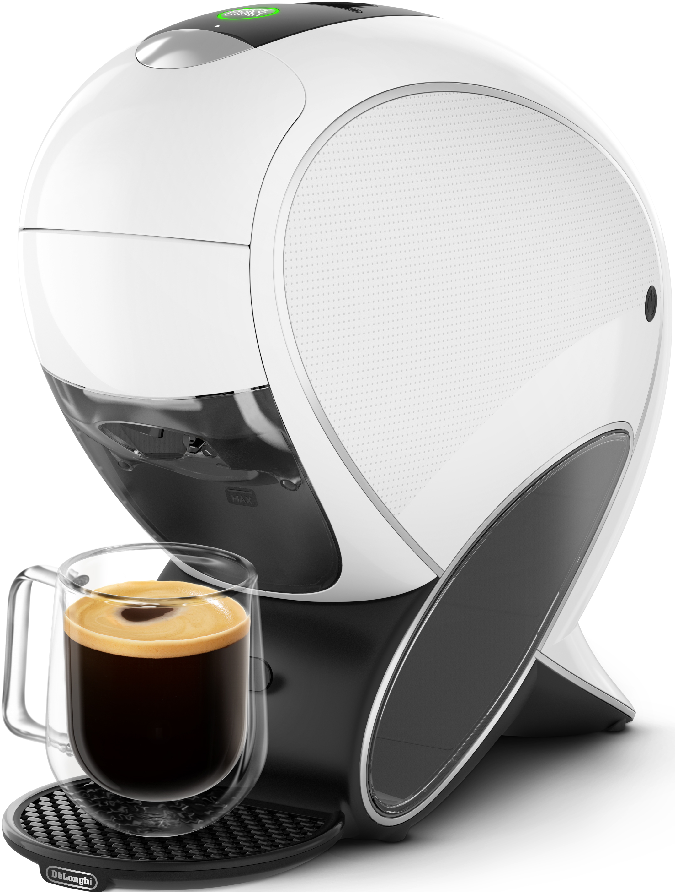 Macchina da caffè bianca e nera, tazza di vetro con caffè. Base nera.