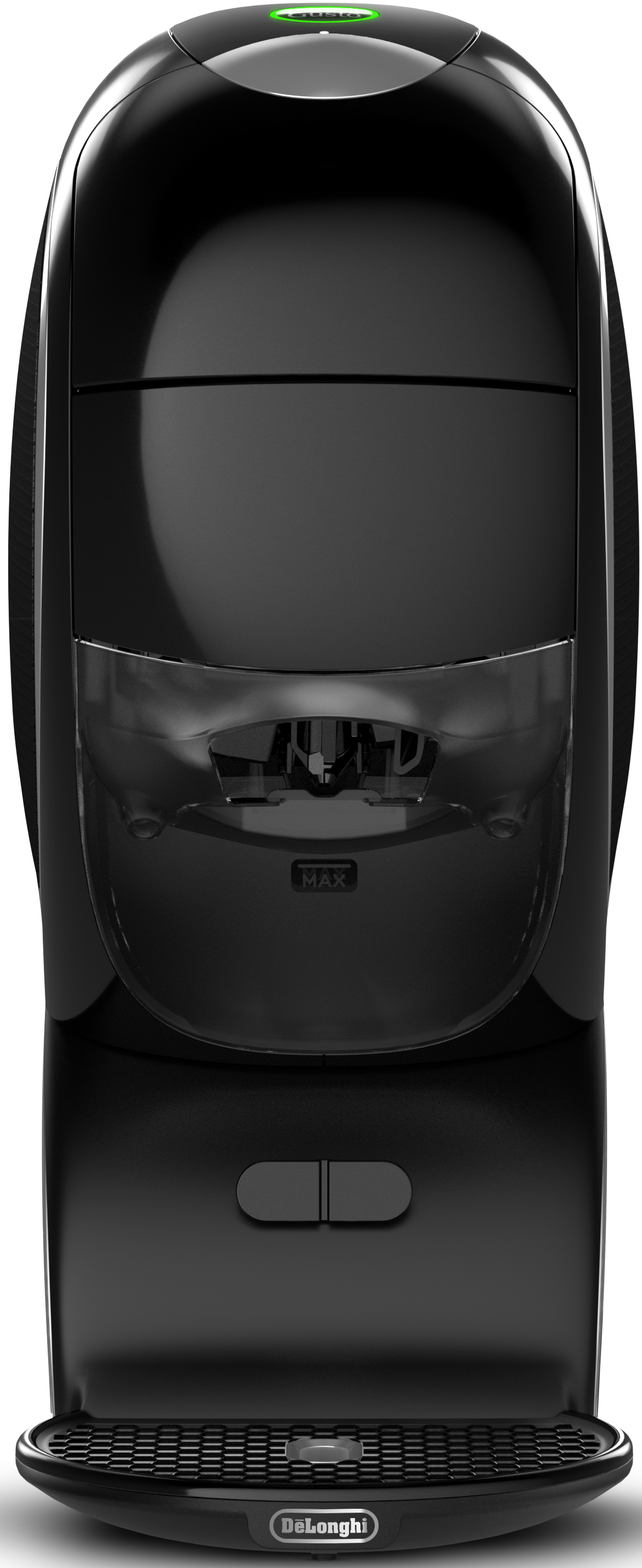 Schwarze DeLonghi-Kaffeemaschine mit Wassertank und Bedienfeld.