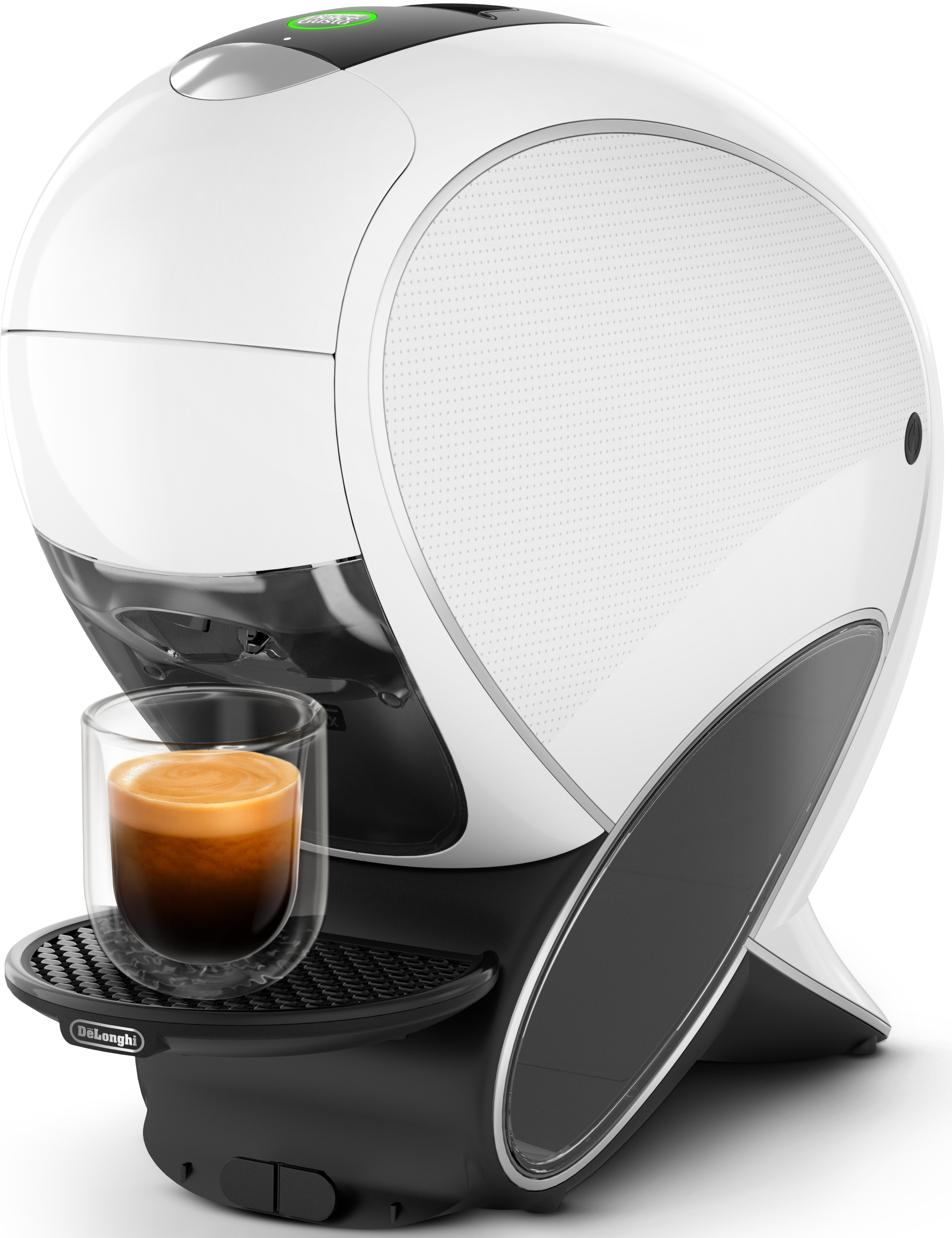 Macchina da caffè Dolce Gusto bianca e nera con bicchiere e caffè, sfondo bianco.