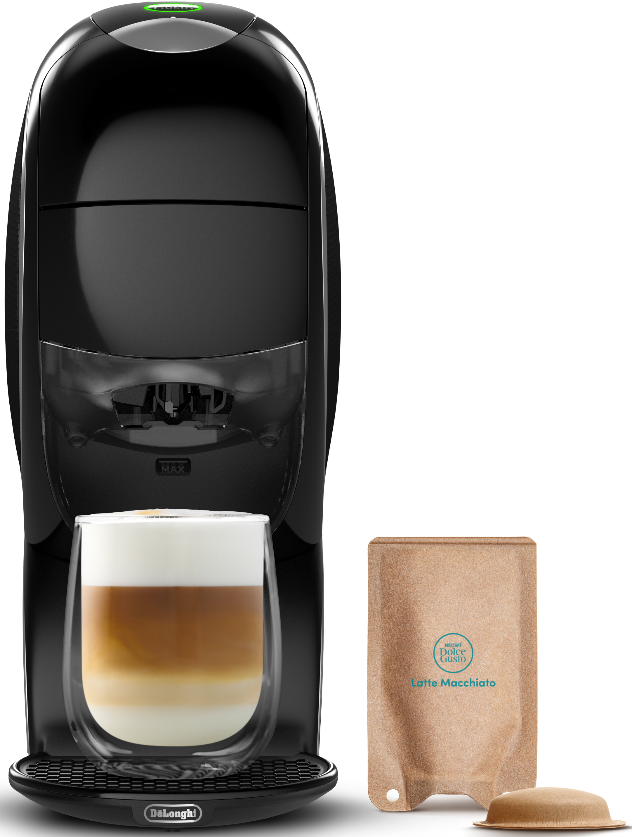 Schwarze Kaffeemaschine und Latte. Vordergrund: Maschine und Latte. Hintergrund: weiß.