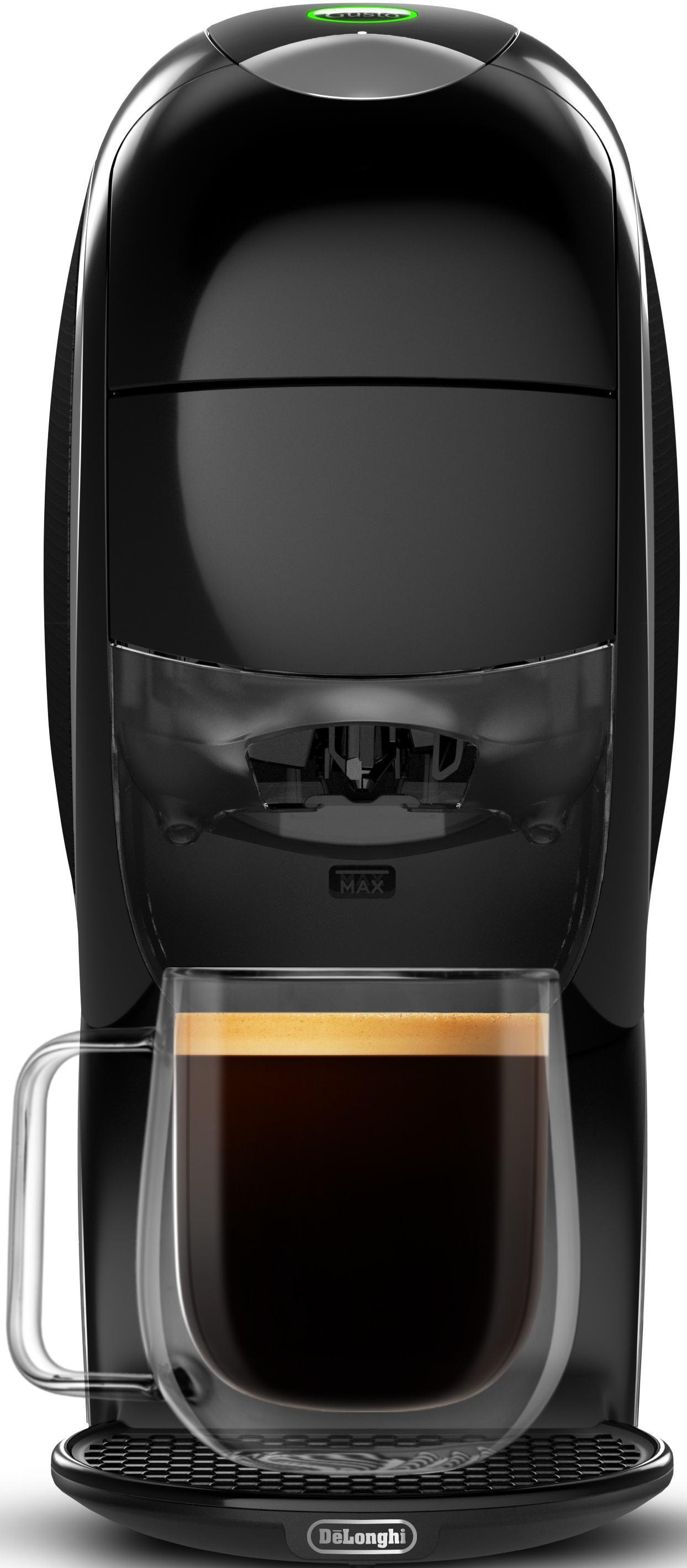 Eine schwarze Kaffeemaschine mit einem Glas Kaffee.