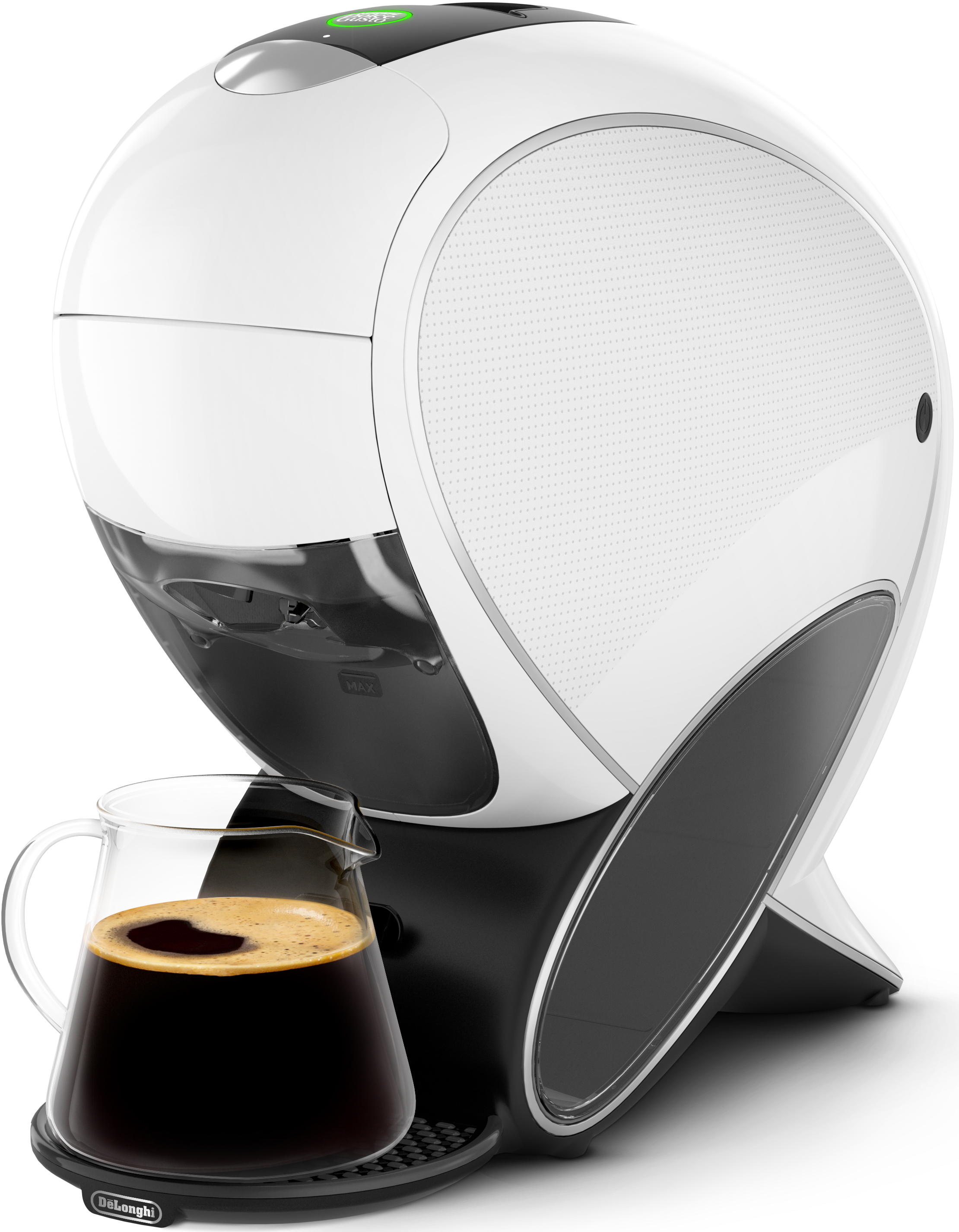 Macchina da caffè bianca e nera con caraffa in vetro e piccolo logo DeLonghi.