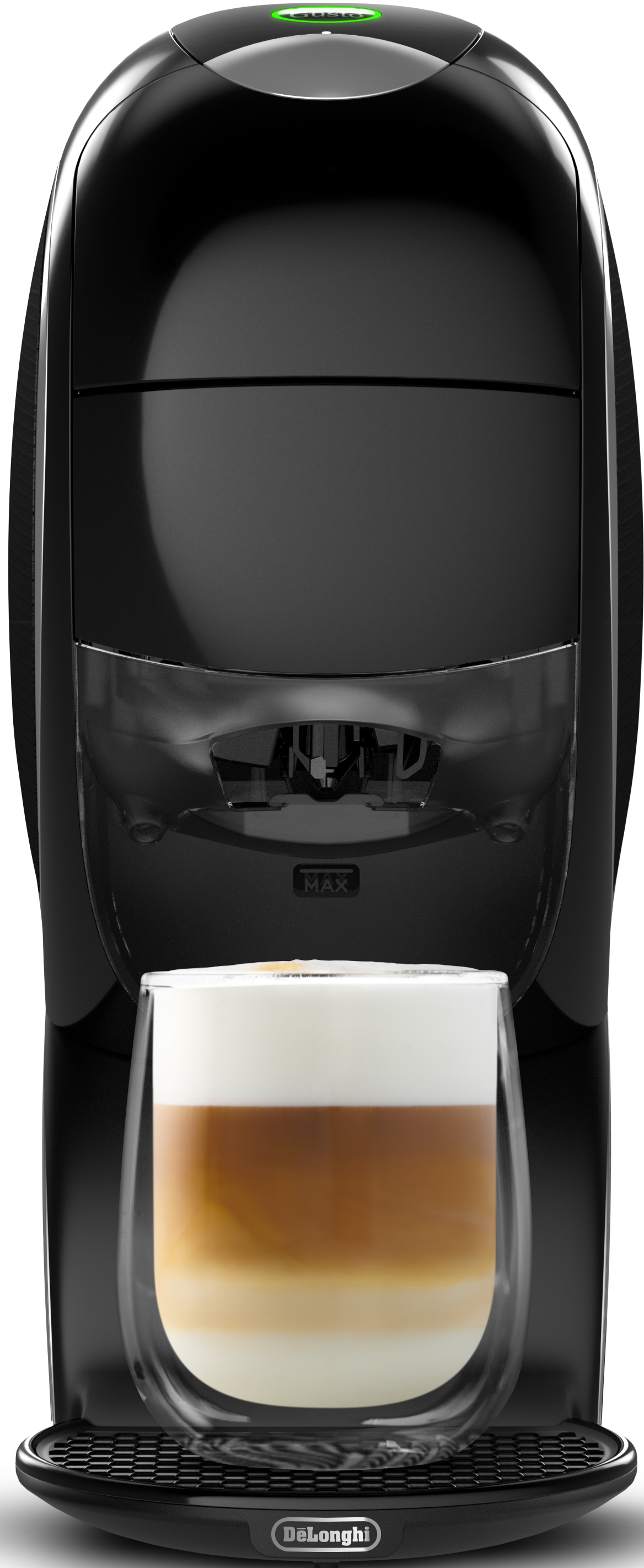 Eine schwarze Kaffeemaschine mit einem Glas Latte Macchiato davor.