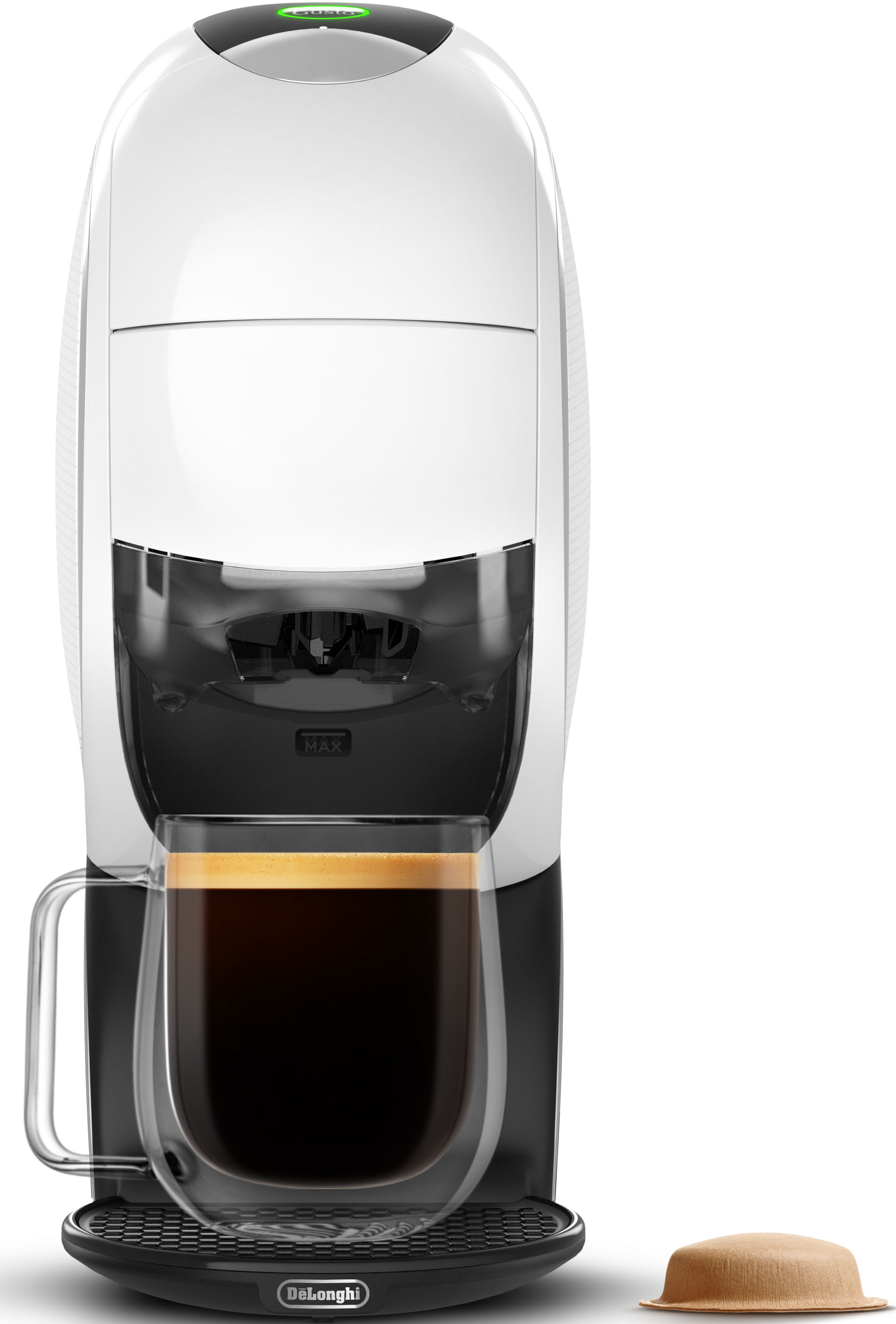 Macchina da caffè bianca e nera con una tazza di caffè in vetro.