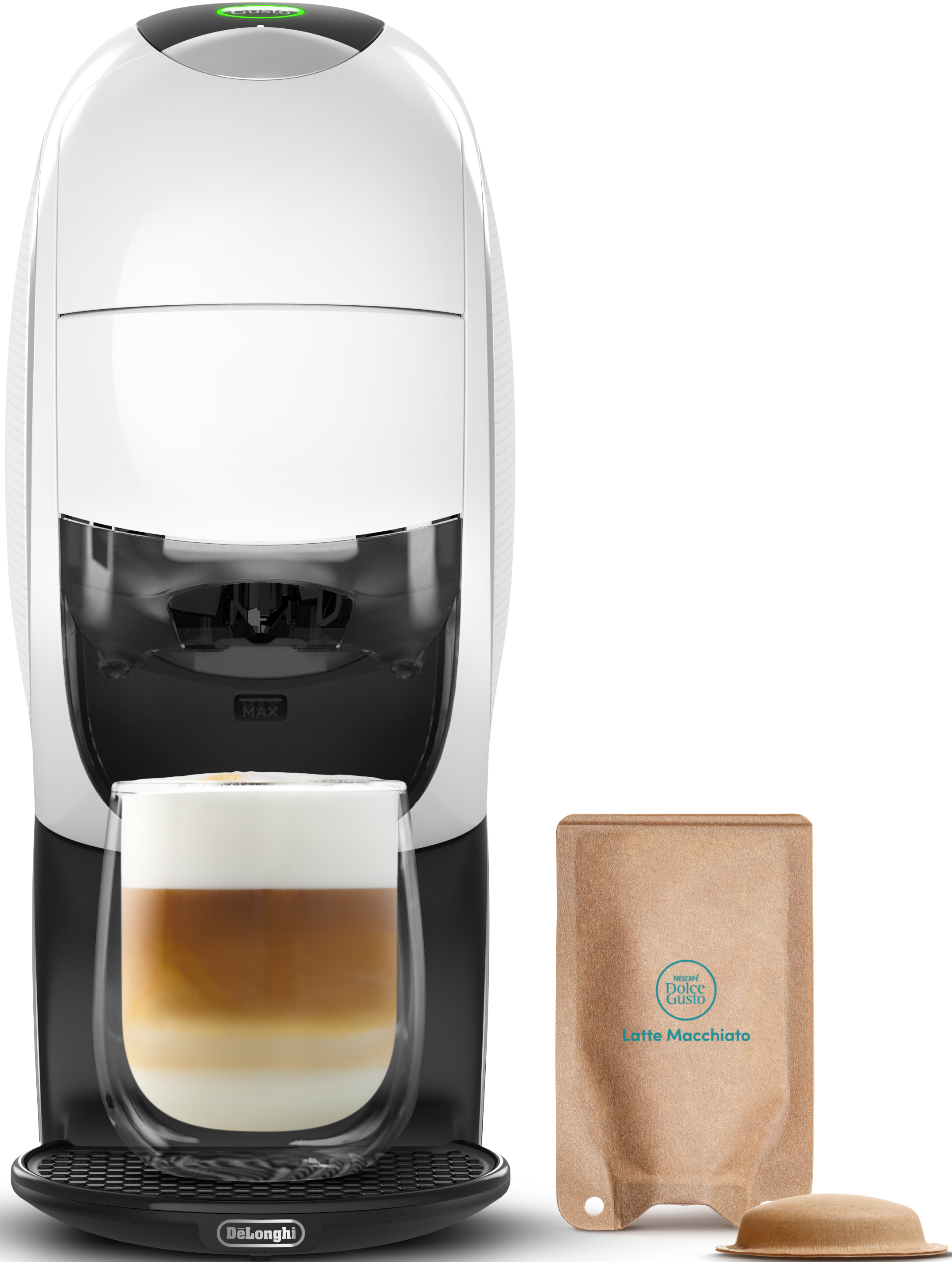 Macchina da caffè con bicchiere di latte e una capsula di latte macchiato.