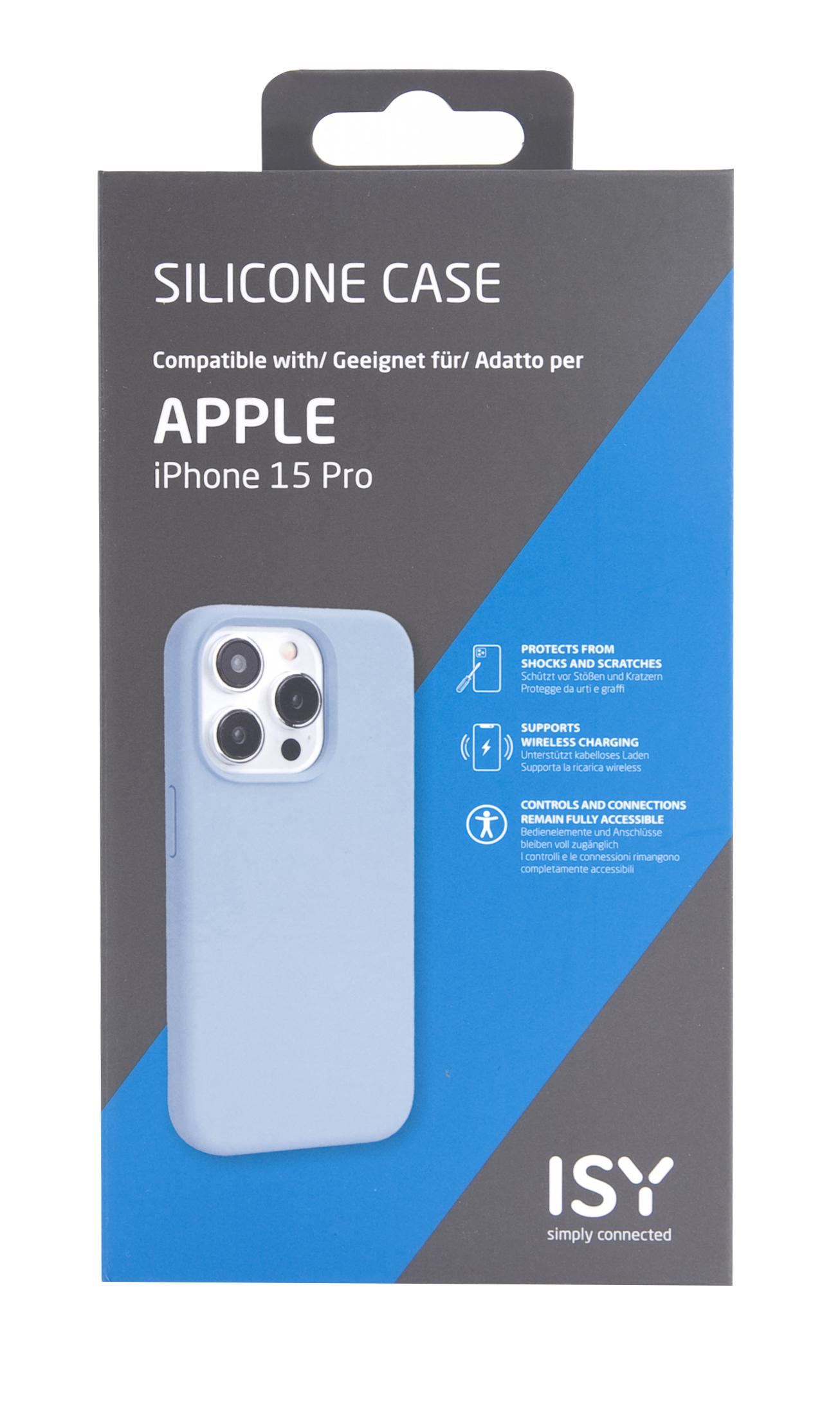 Eine blaue iPhone 15 Pro Hülle in einer schwarz-blauen Box mit Text und Henkel.