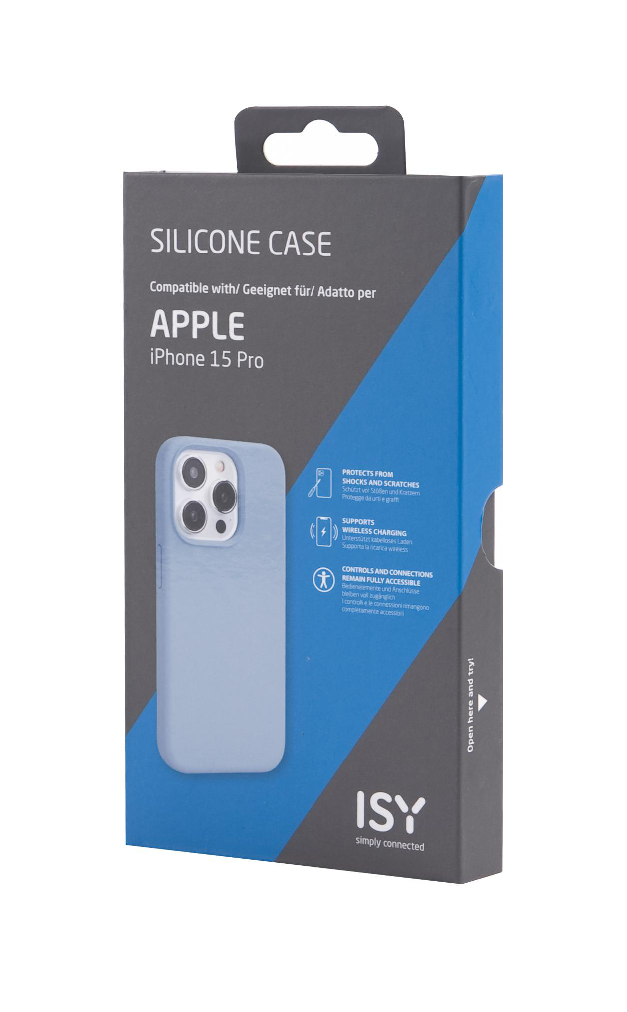 Blaue Handyhülle in einer Box. Die Hülle hat einen Kameraausschnitt.