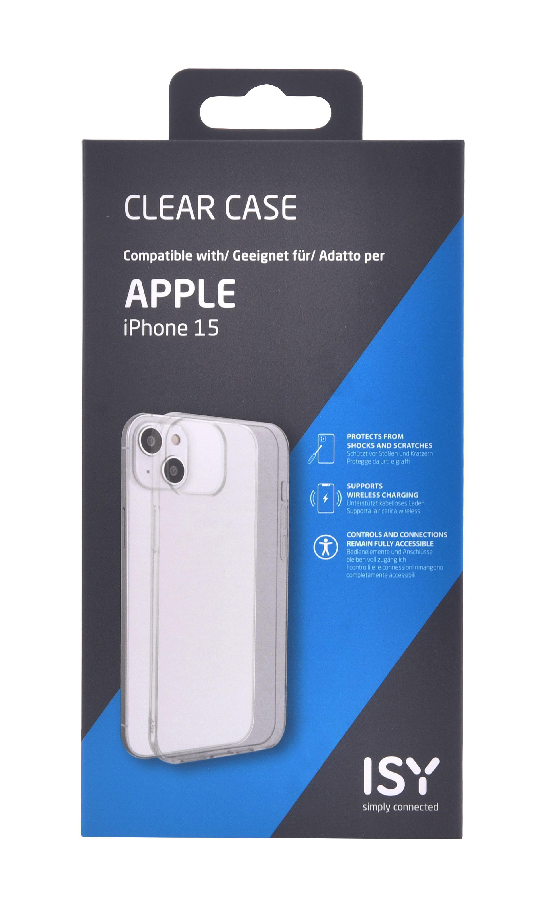 Eine Telefonhüllenbox mit dem Telefon darin. Sagt 'CLEAR CASE' und 'APPLE iPhone 15'.