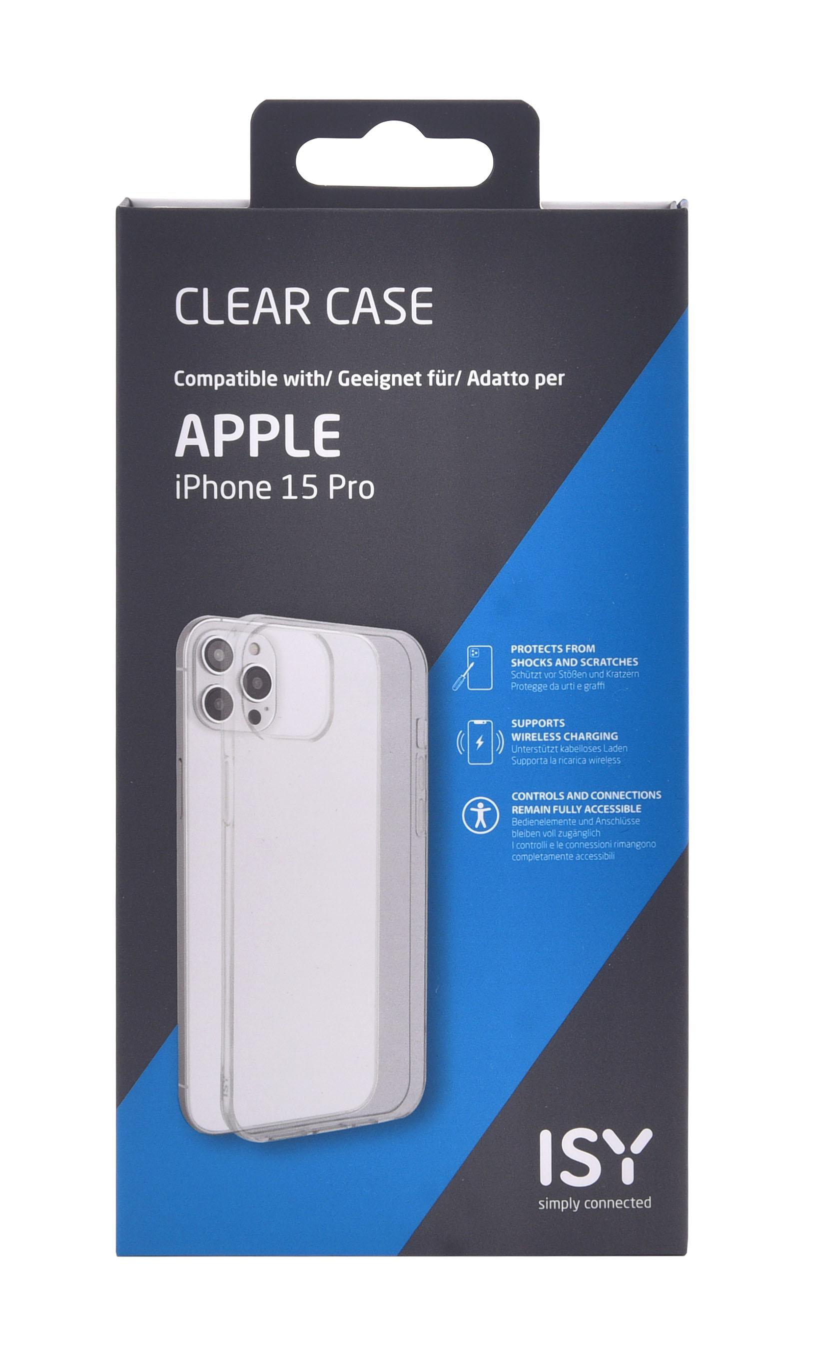 Transparente iPhone 15 Pro Hülle in einer Box mit Text und einem Bild der Hülle.