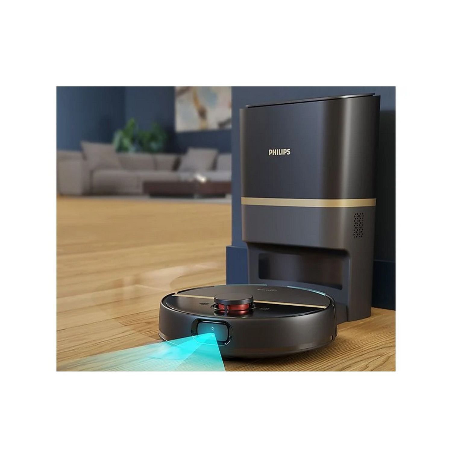 A black robot vacuum cleaner and its charging station on a wooden floor, blue light visible.