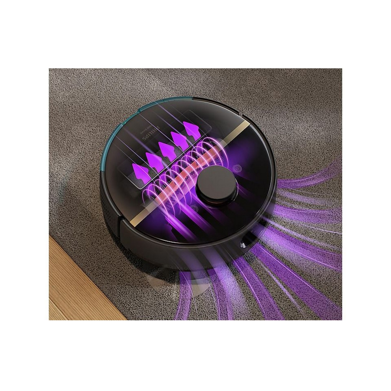 Black Philips robot vacuum cleaner on a carpet, with purple light effect.