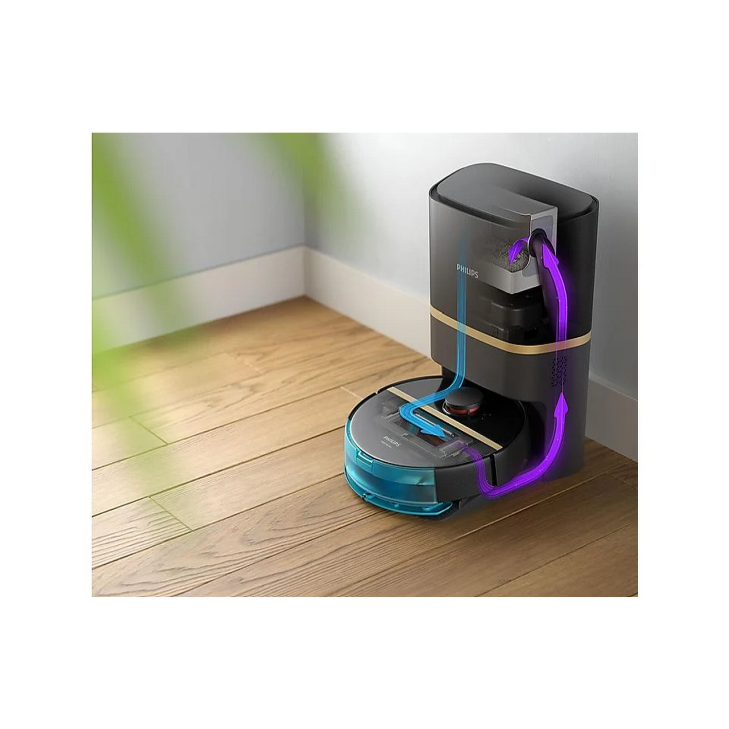 A robot vacuum cleaner on a wooden floor, with a charging station and graphical arrows.