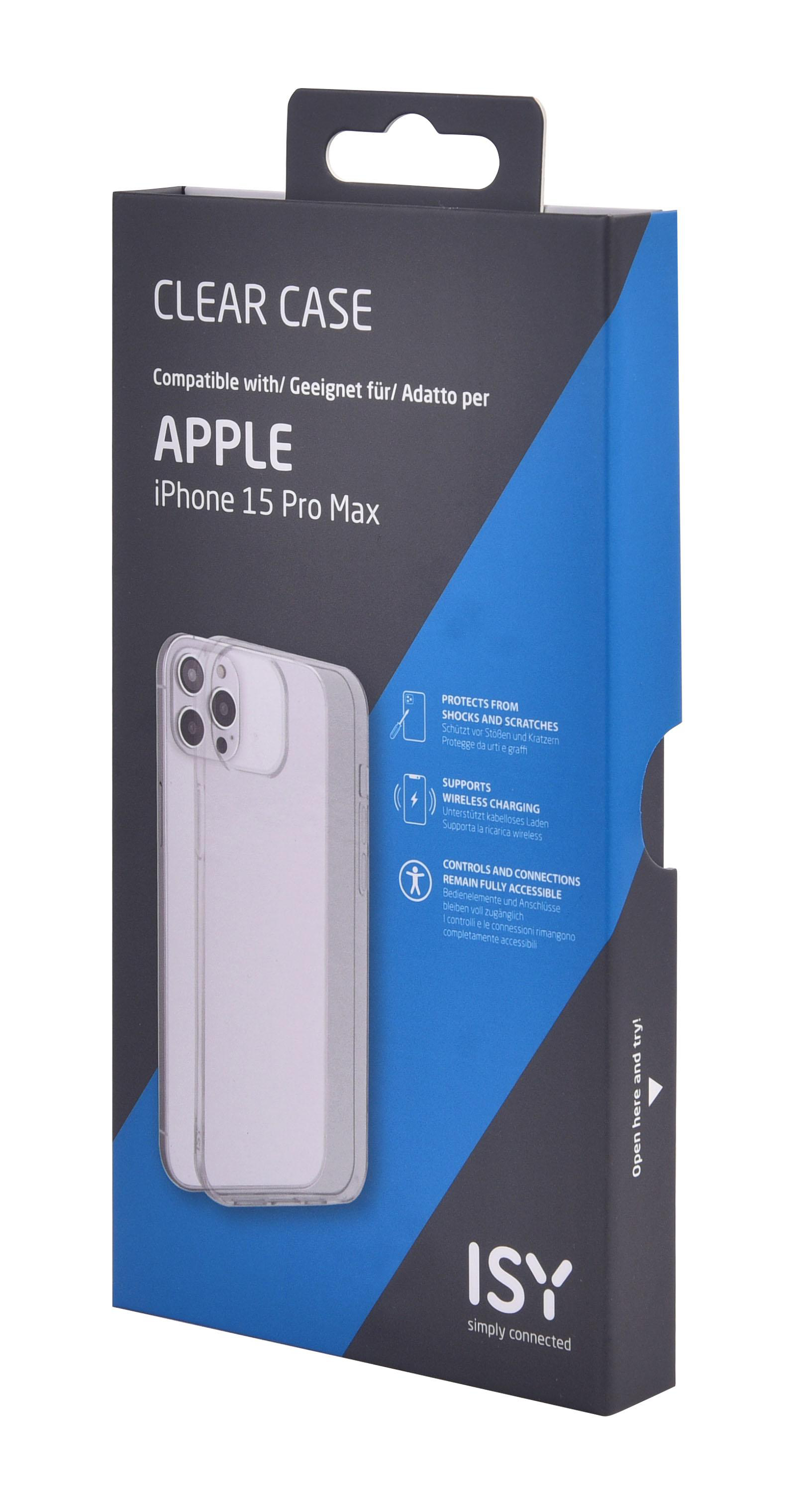 iPhone 15 Pro Max Hülle Box mit Text und Grafiken. Blau und weißes Farbschema.