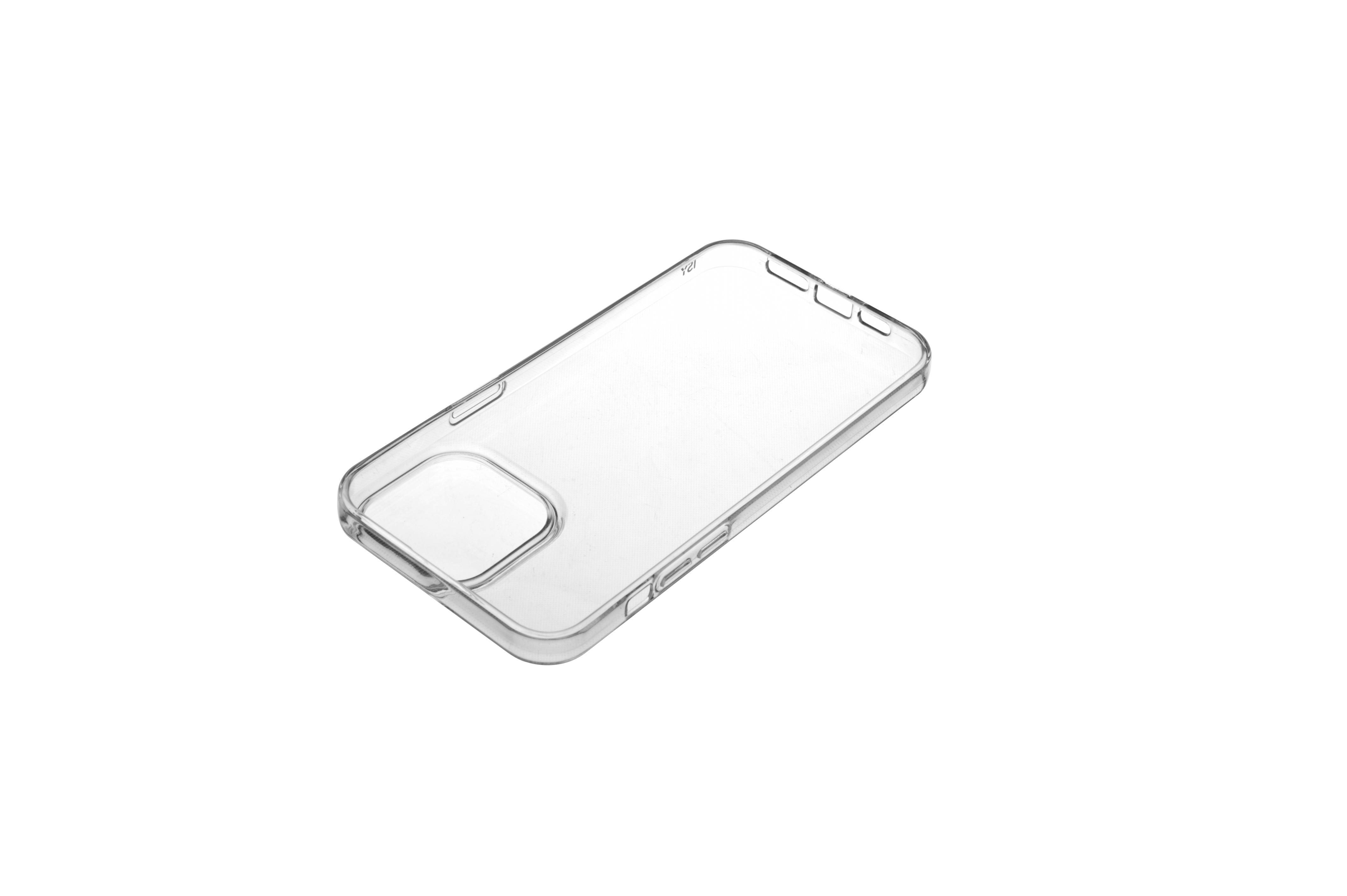 Eine transparente Handyhülle auf weißem Hintergrund.