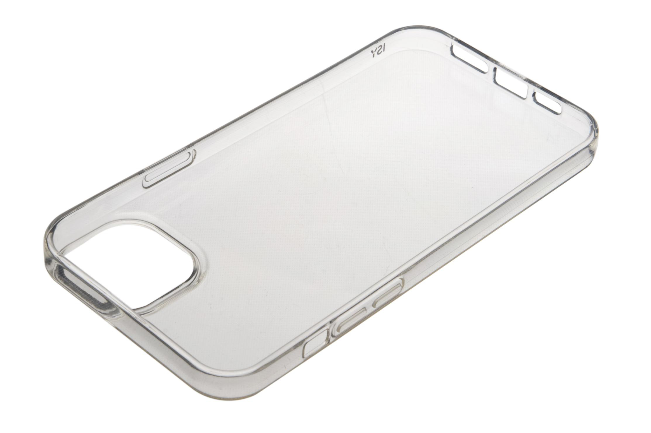 Transparente iPhone-Hülle mit Aussparungen für Knöpfe und Kamera.