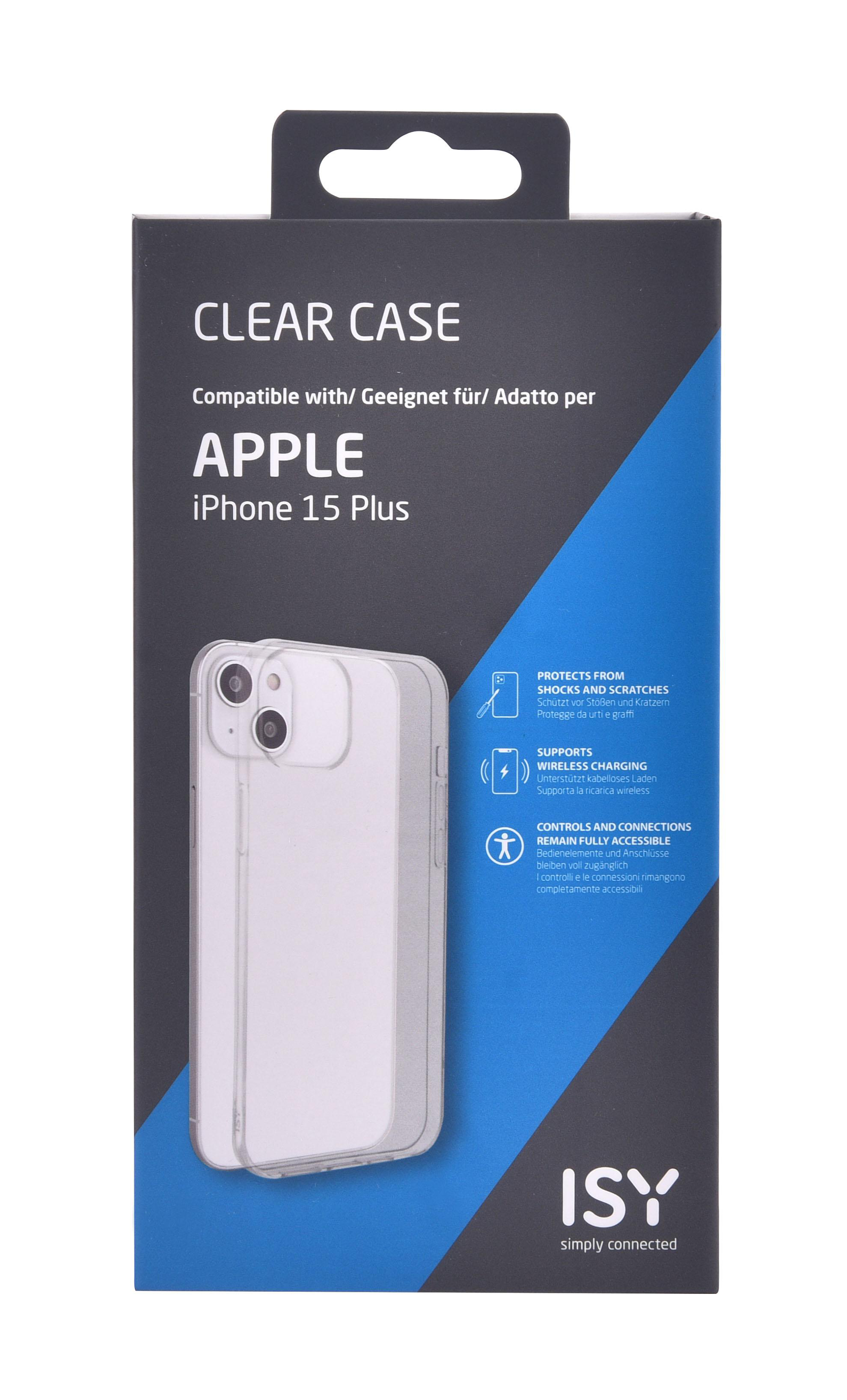 Transparente iPhone 15 Plus Hülle in einer Box, mit Apple Logo.