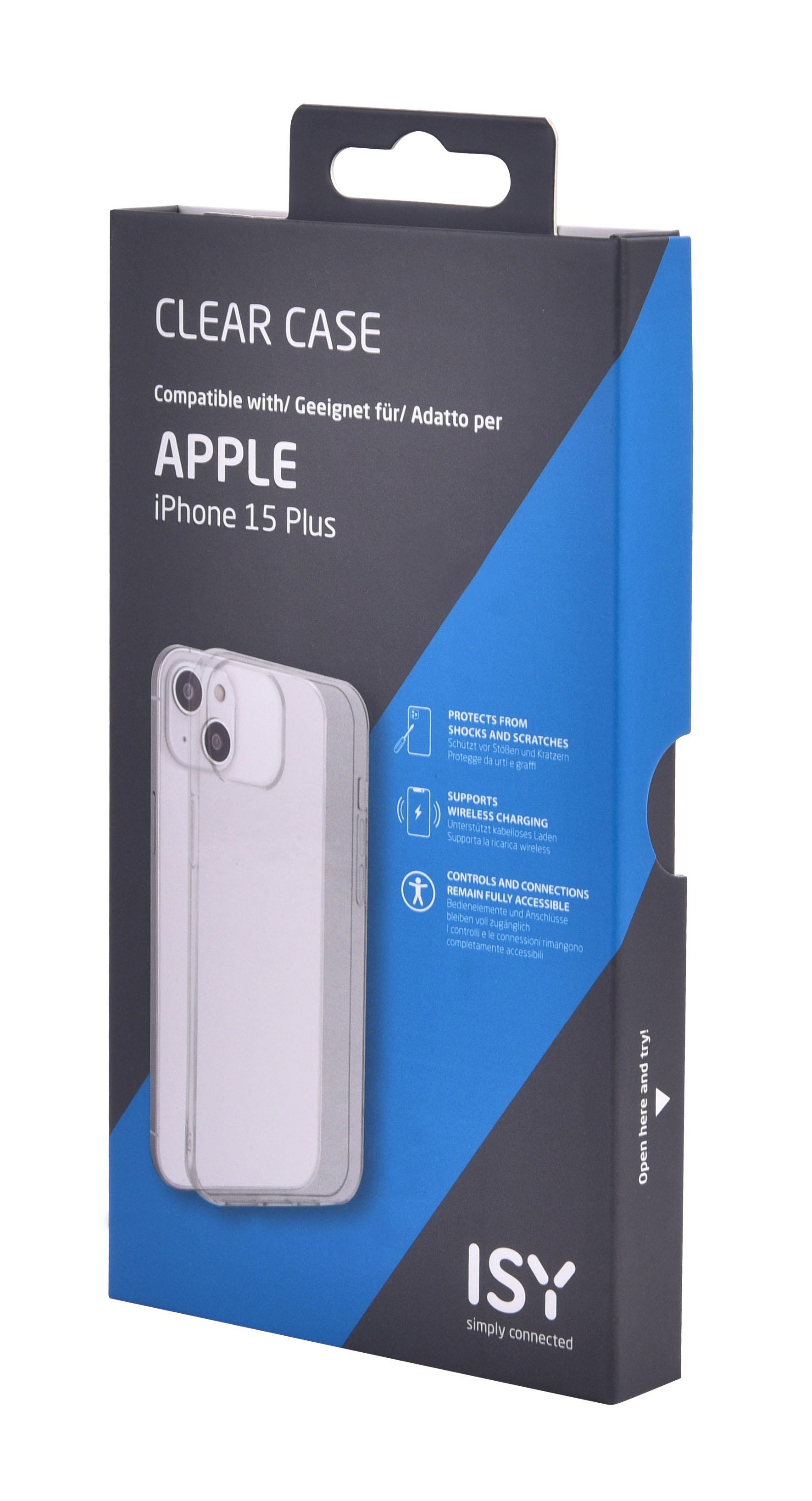 Transparente Handyhülle-Box für iPhone 15 Plus. Box in Blau und Schwarz mit Hülle.