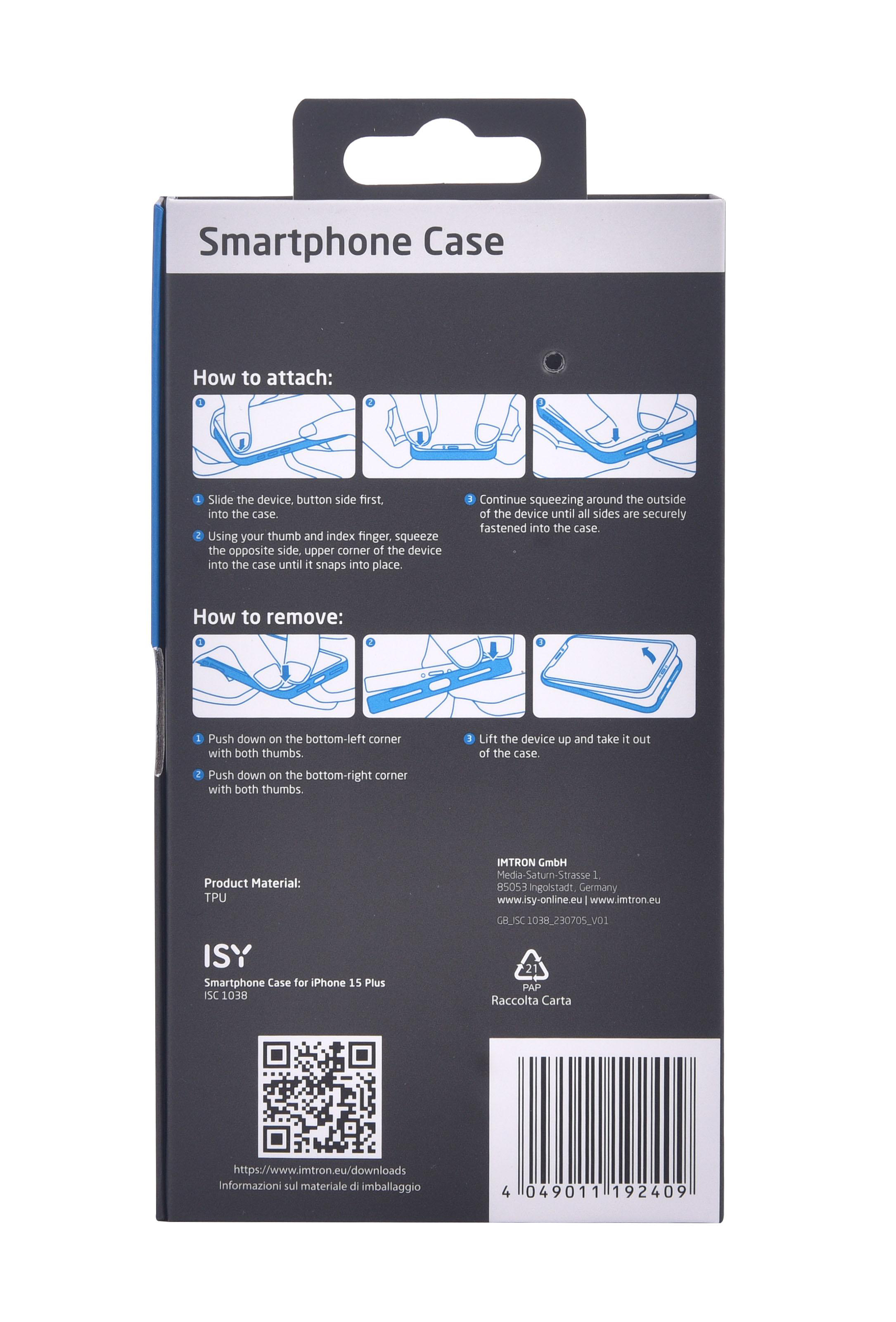 Rückseite einer Handyhüllenbox. Anweisungen, Imtron-Logo, QR-Code. Schwarz und Blau.