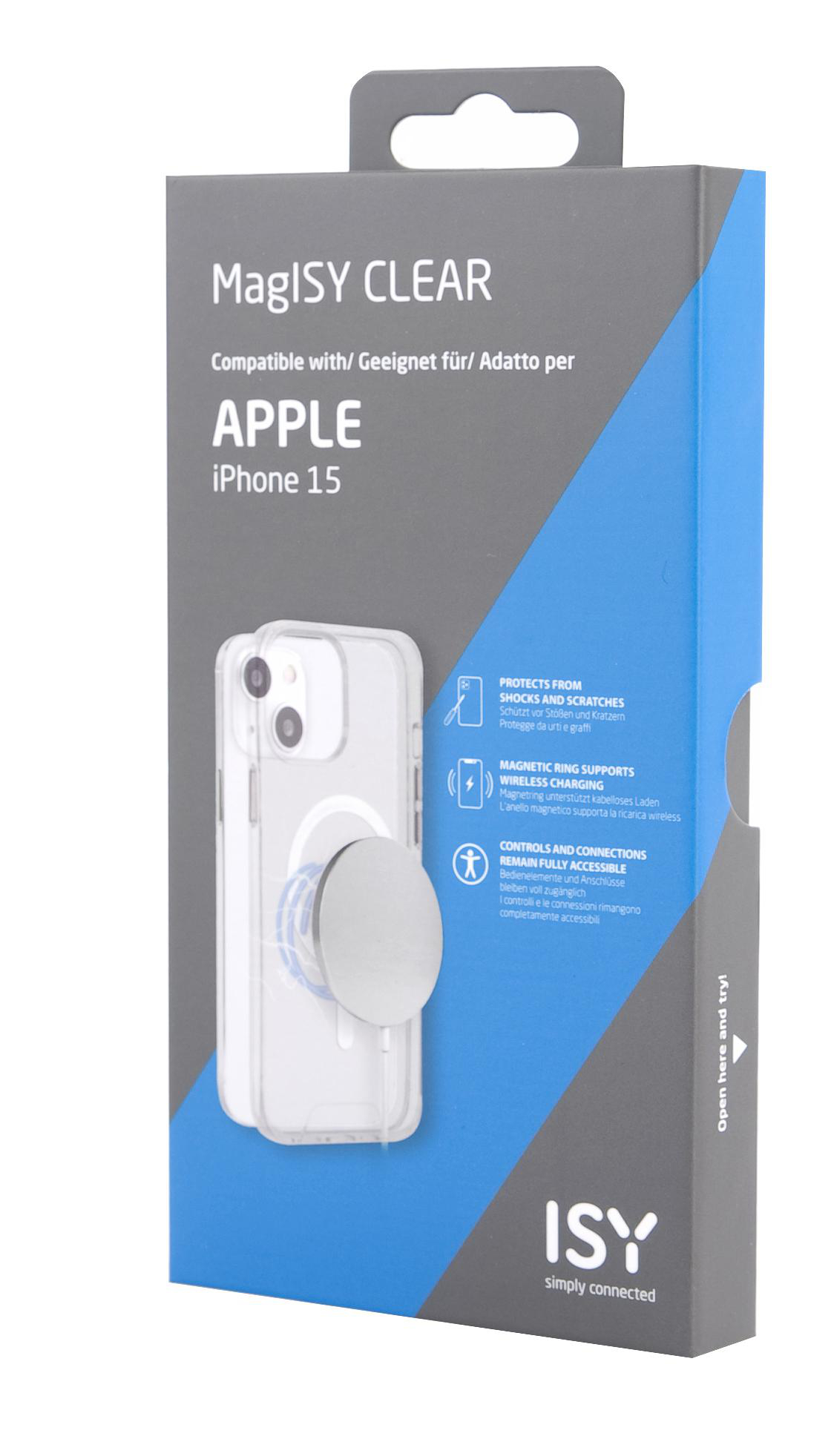 Eine transparente iPhone 15 Hülle mit MagISY CLEAR-Etikett. Die Hülle hat einen runden Magnetring und befindet sich auf einer Box.