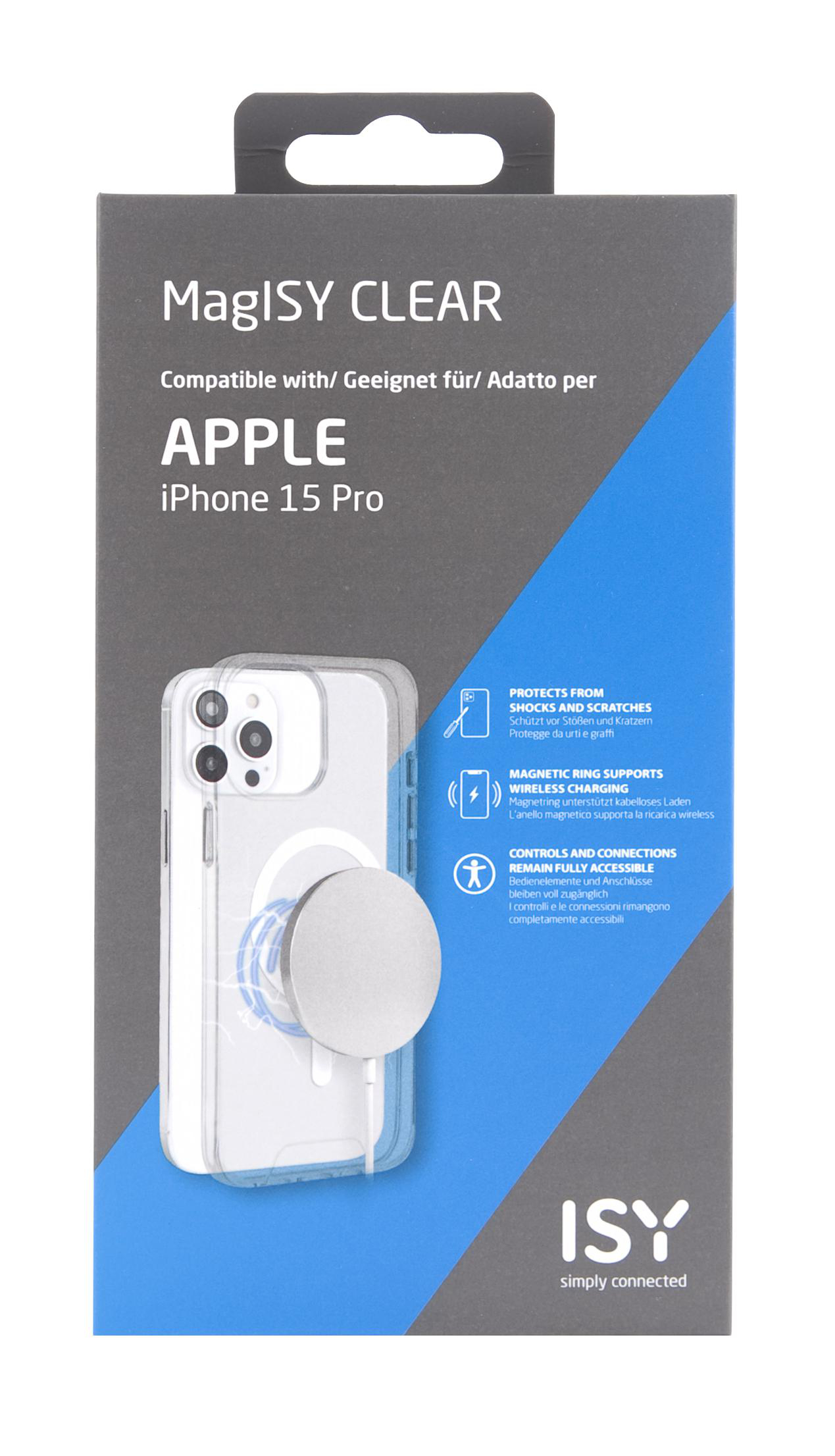 Eine Handyhülle in einer Box. Die Hülle ist transparent mit einem Magnetring. Text auf der Box.